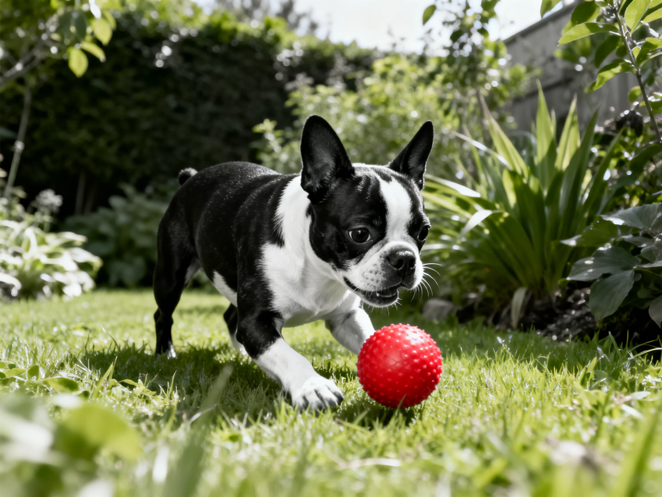 A black-and-white Boston Terrier plays with a bright red ball in a sunlit garden