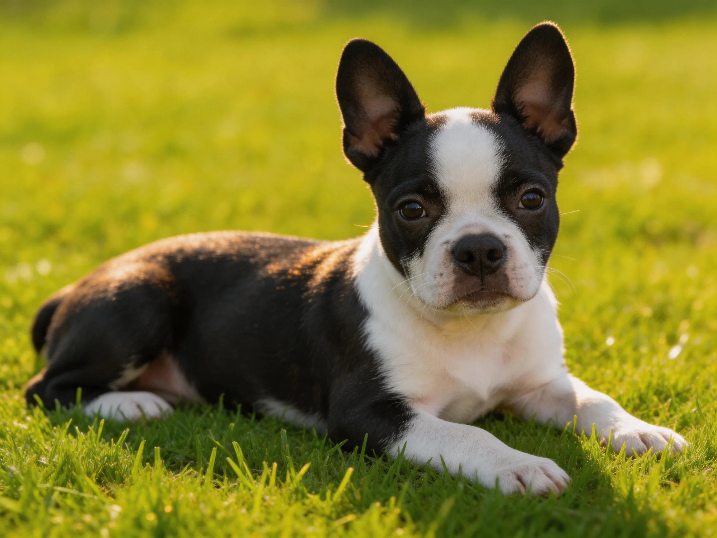 A black and white Boston Terrier puppy lying on bright green grass