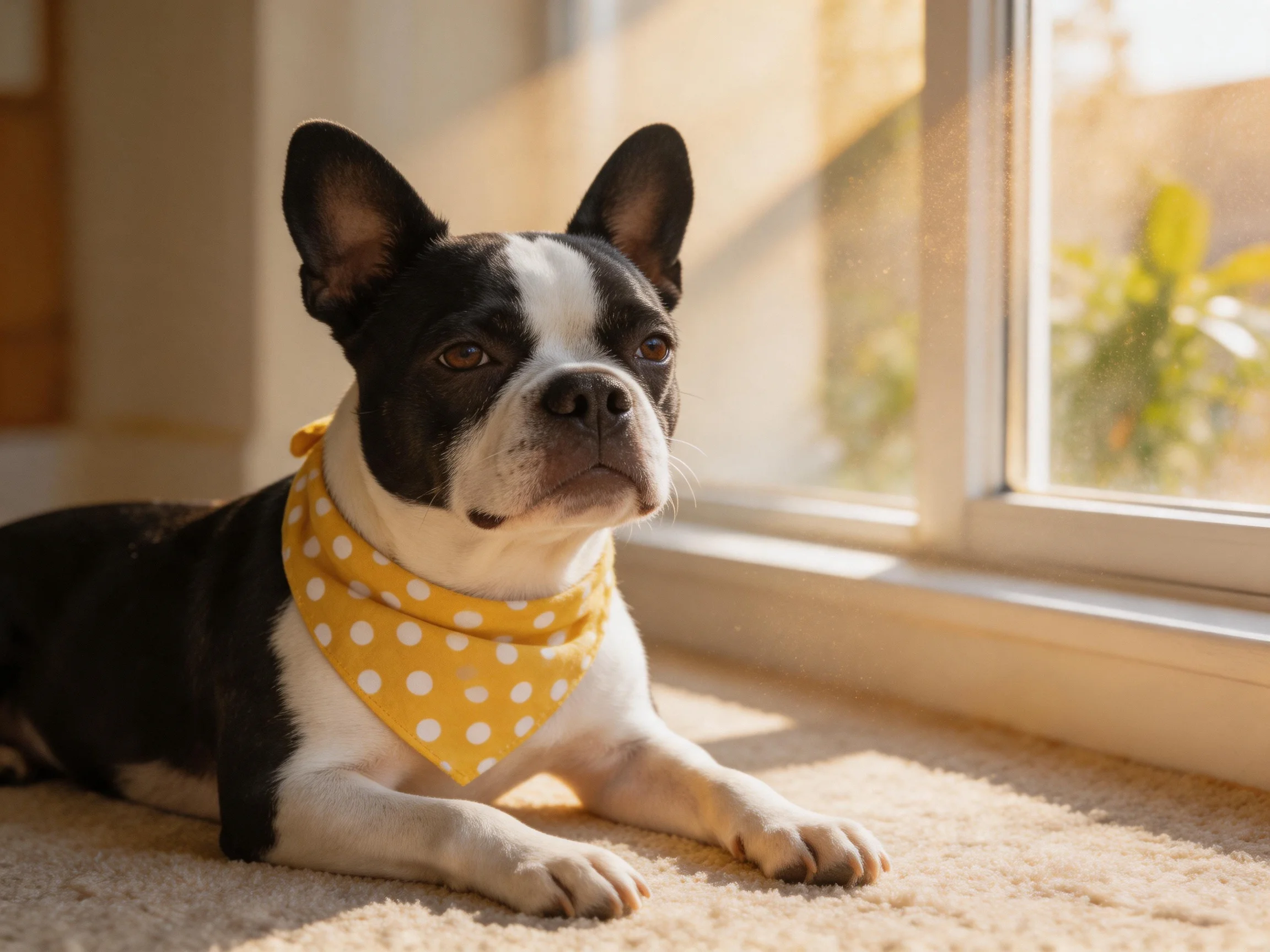 A black and white Boston Terrier rests by a sunlit window with a yellow polka dot bandana