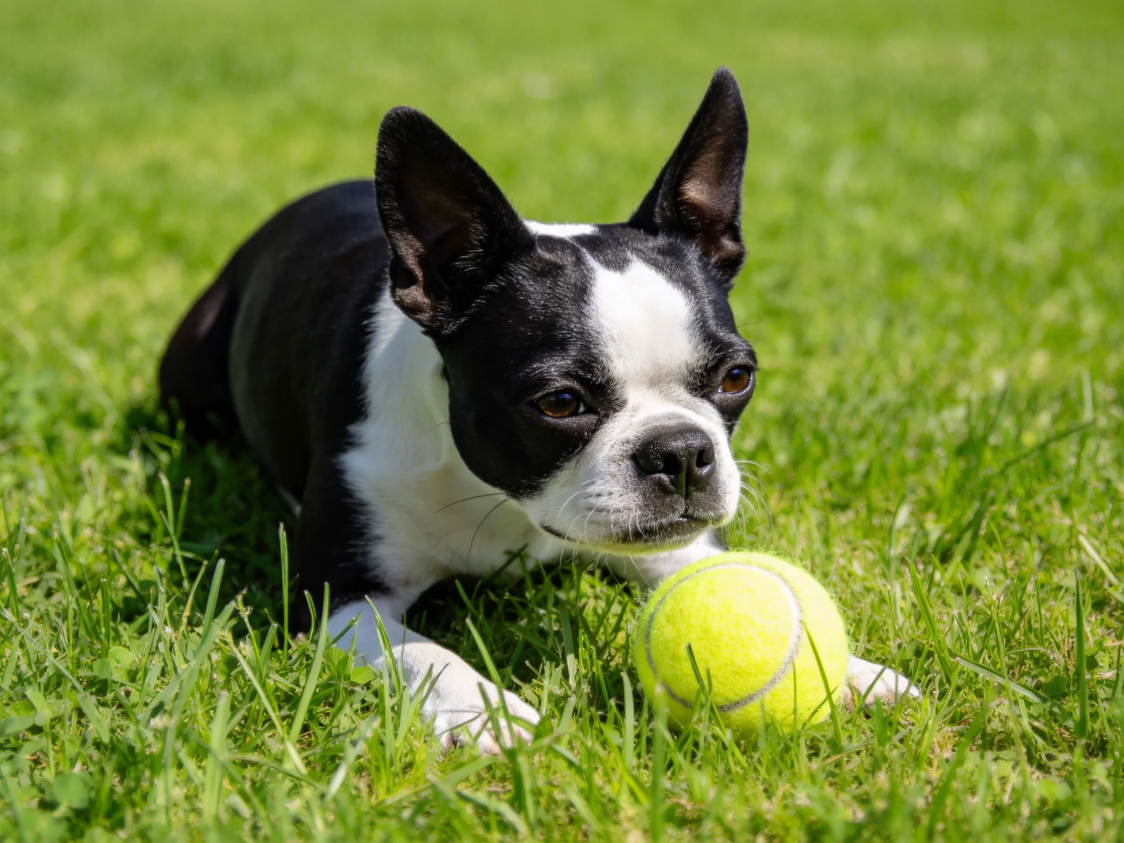 A black and white Boston Terrier rests near a bright yellow tennis ball on green grass