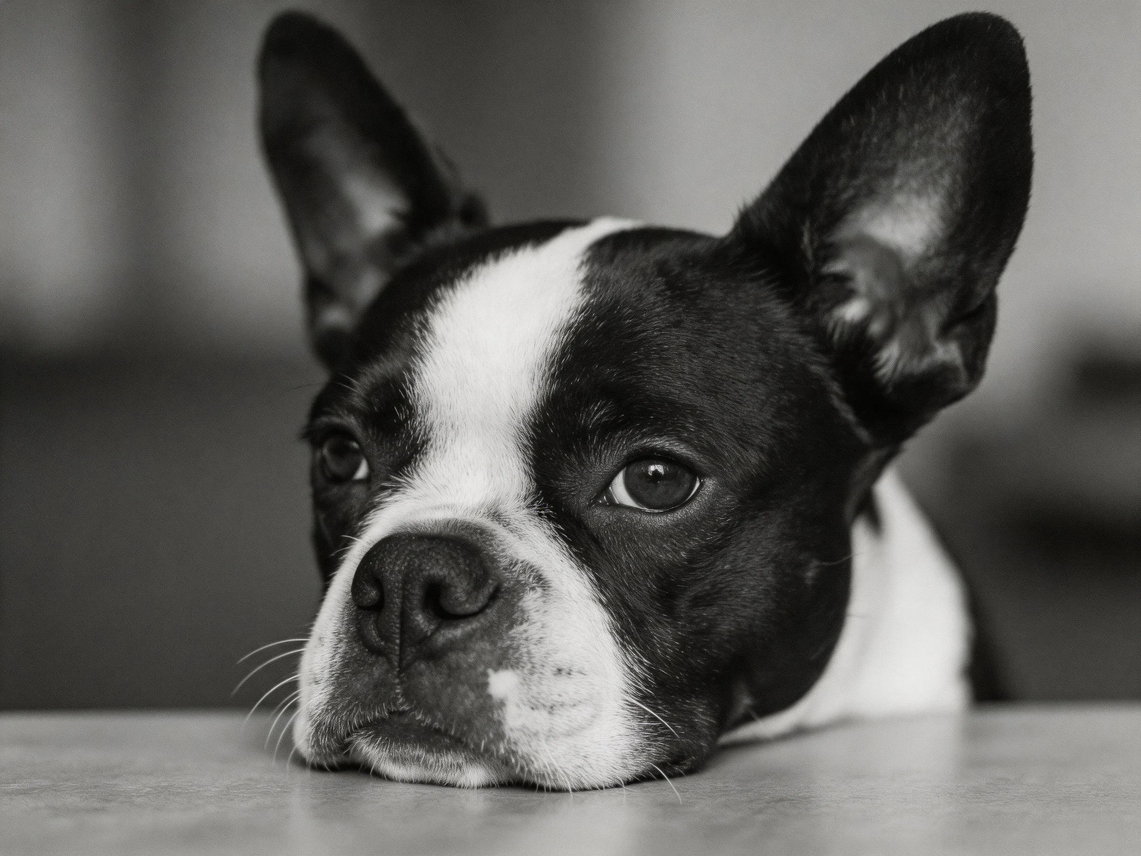 A black and white Boston Terrier rests near a smooth surface