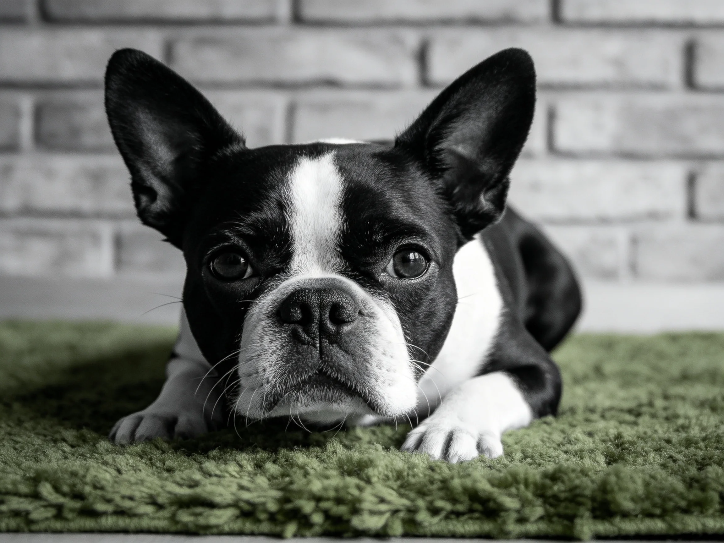 A black and white Boston Terrier rests on a plush green rug near a brick wall