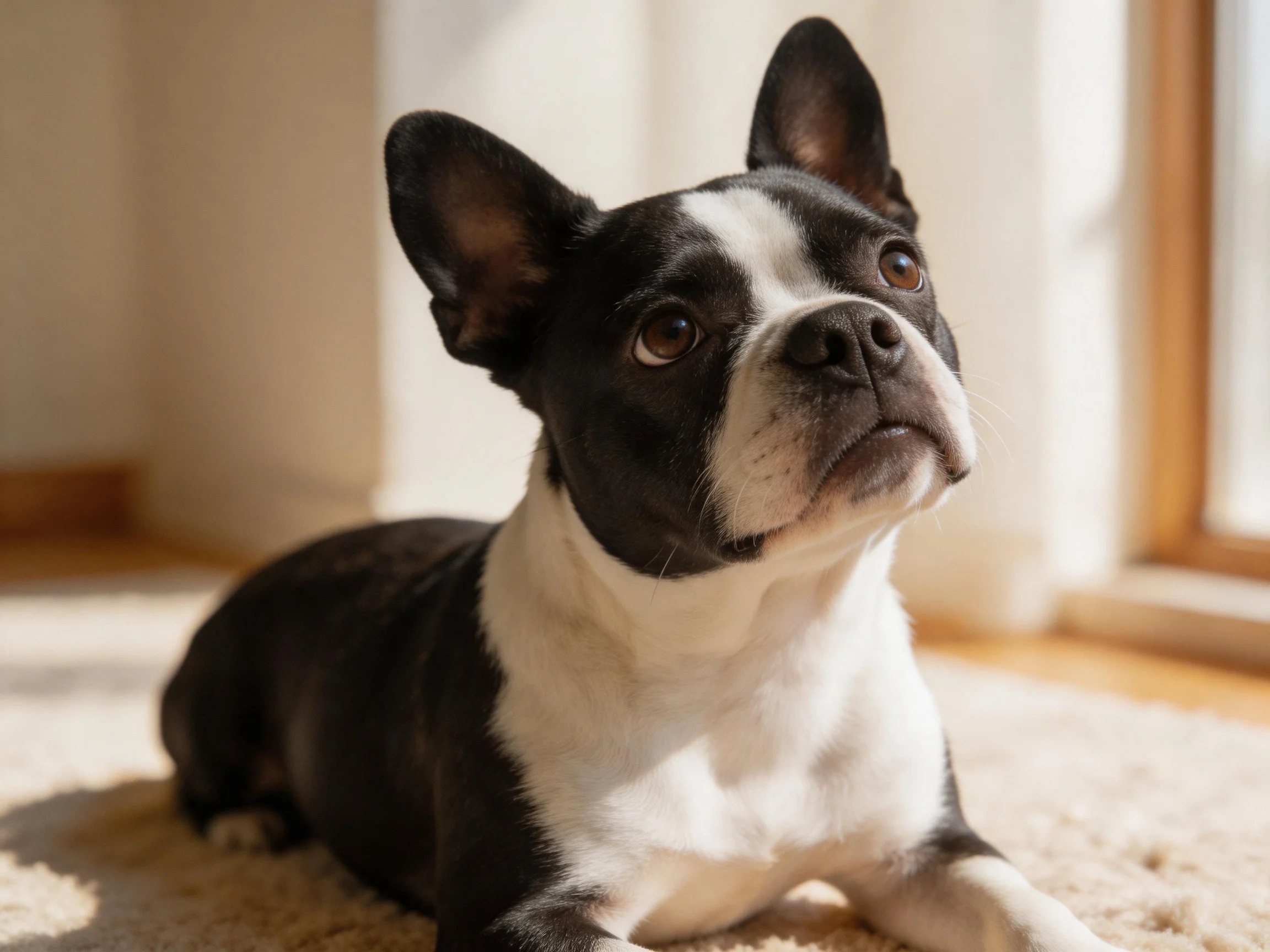 A black and white Boston Terrier rests on a soft carpet near a window