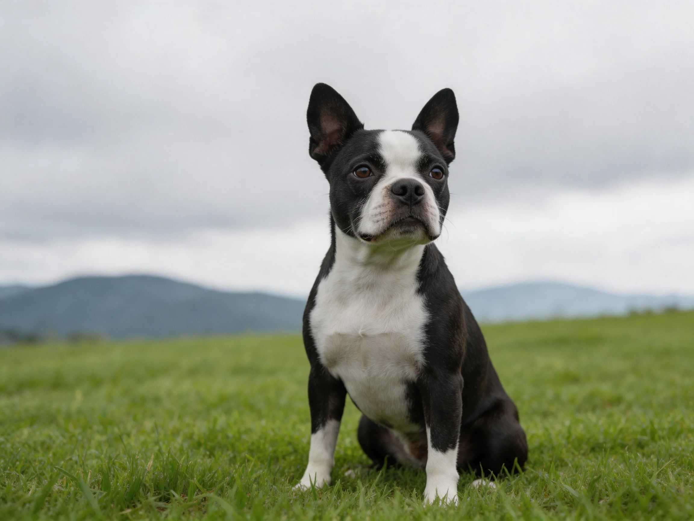 A black and white Boston Terrier sits on lush green grass near distant mountains