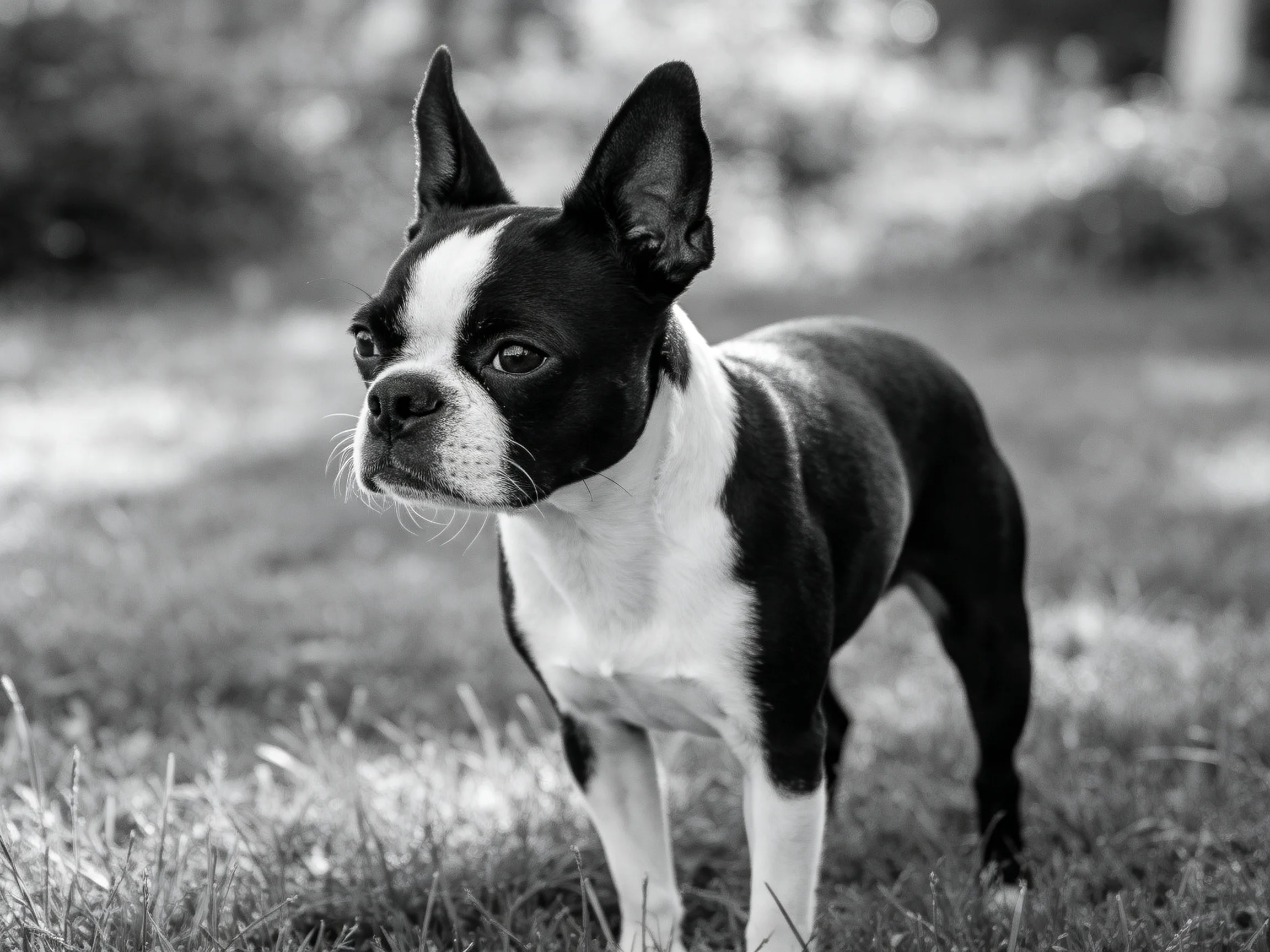 A black and white Boston Terrier stands on grassy terrain