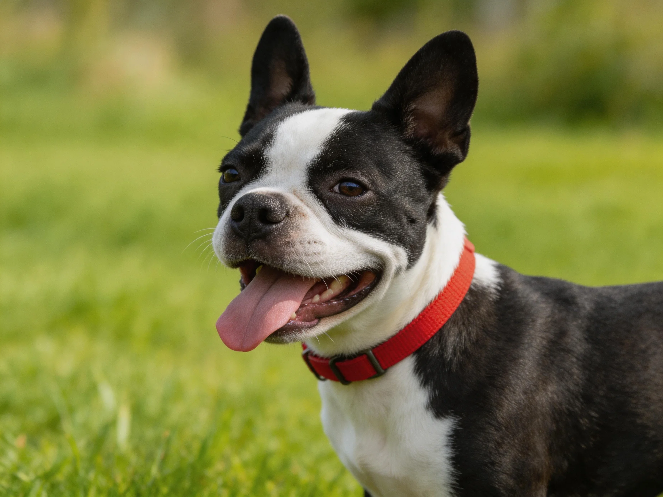 A black and white Boston Terrier with a red collar in a grassy outdoor setting