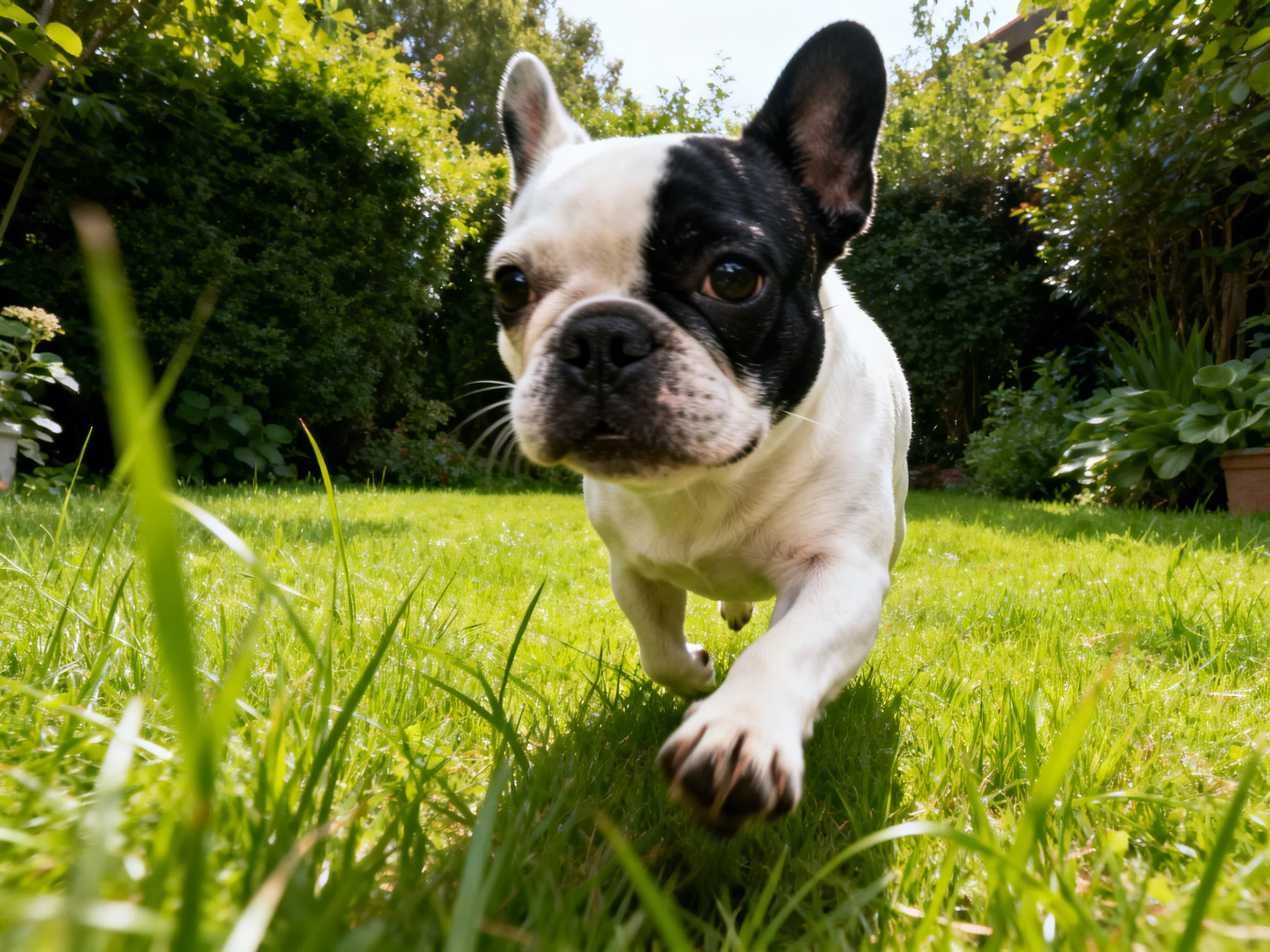 A black-and-white French Bulldog dashes forward on vibrant green lawn