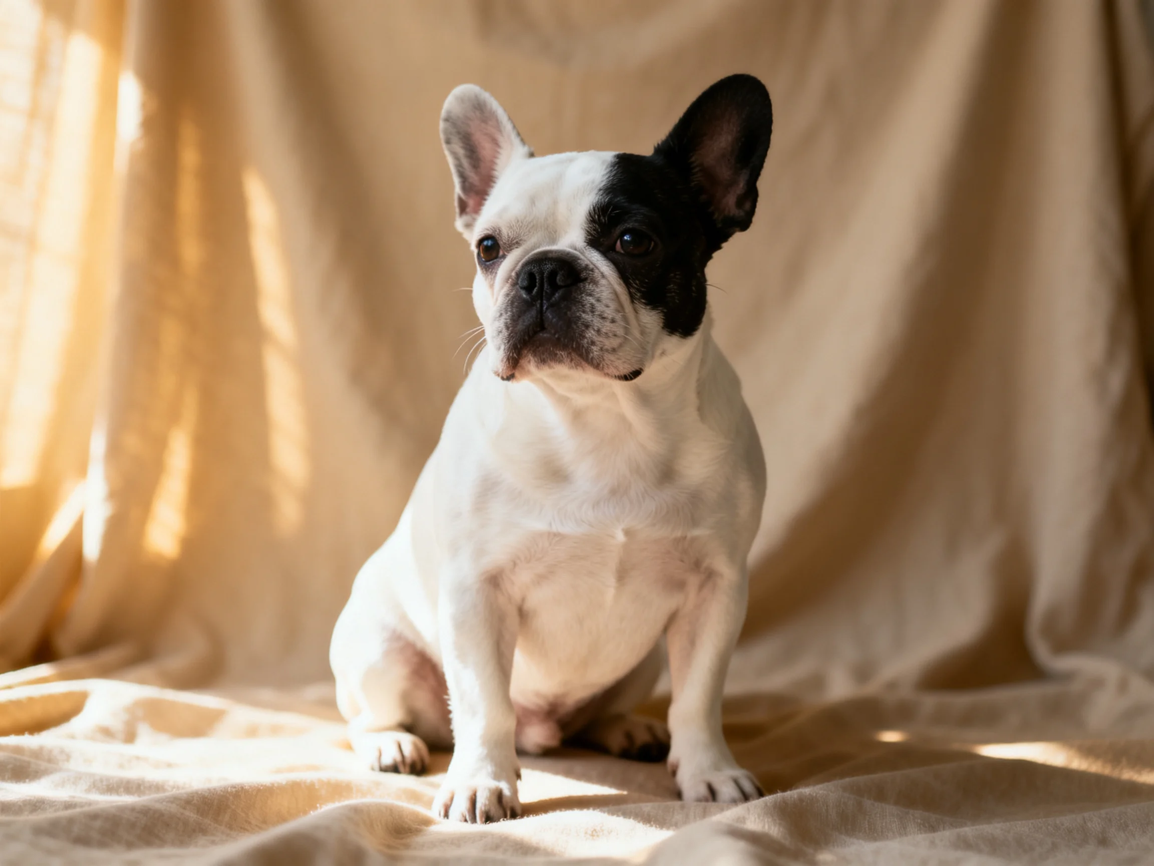 A black-and-white French Bulldog sits on a beige cloth backdrop