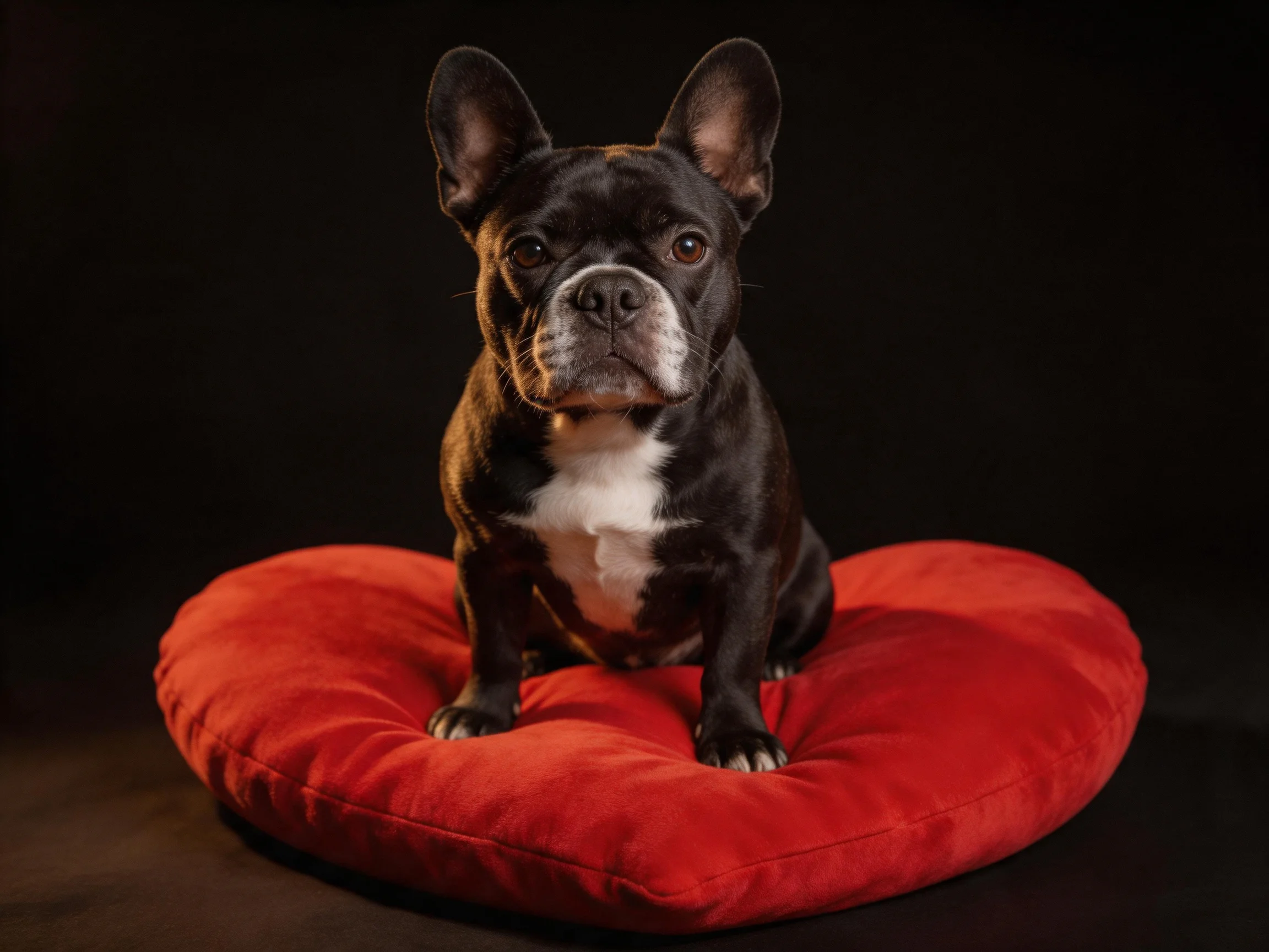 A black and white French Bulldog sits on a bright red heart - shaped cushion