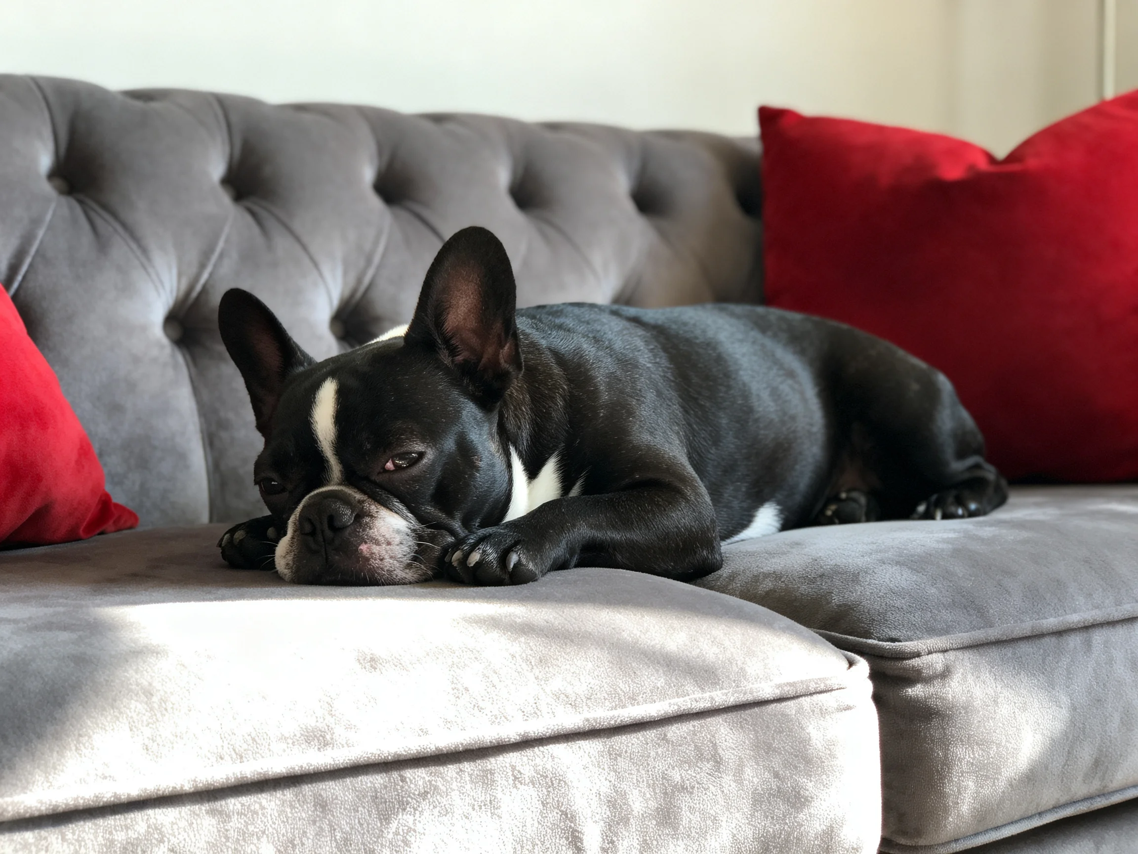A black and white dog relaxes on a gray tufted sofa with red cushions