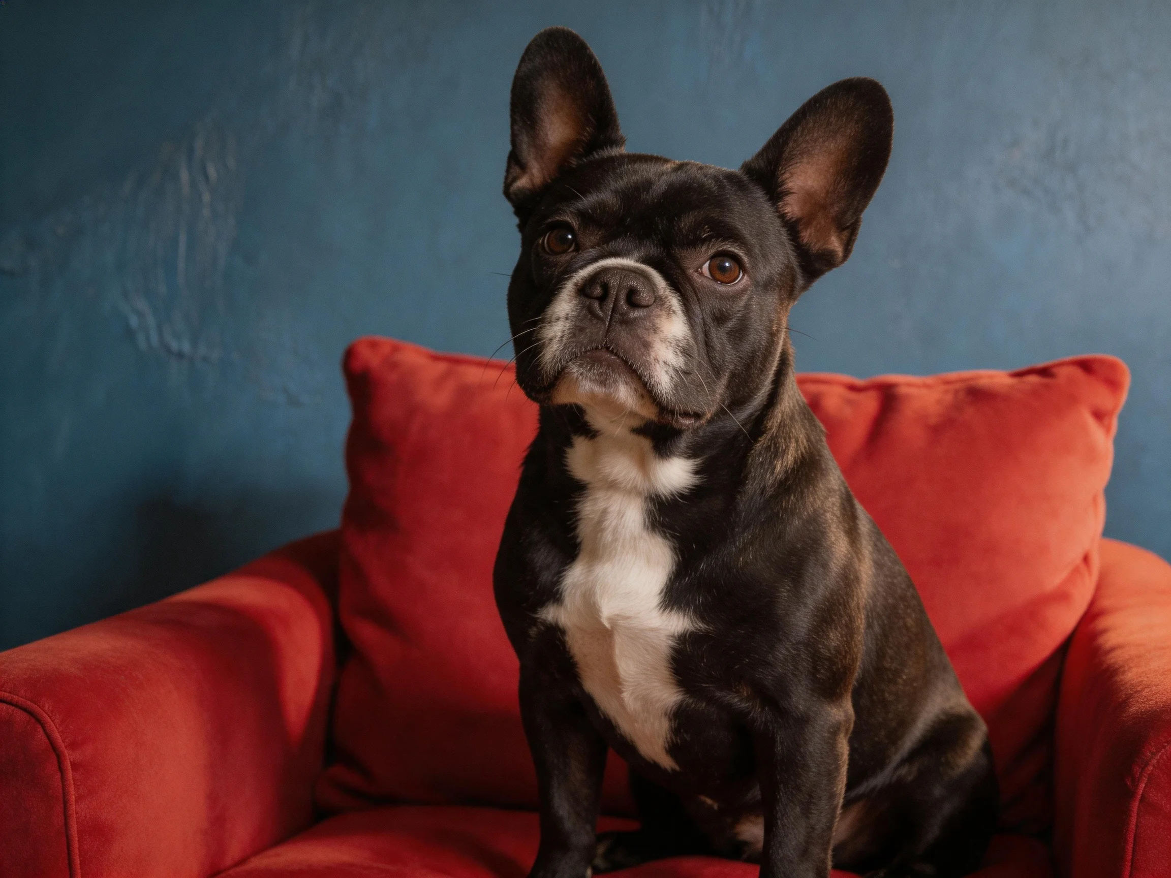 A black and white French bulldog sits on a red armchair with a blue wall backdrop