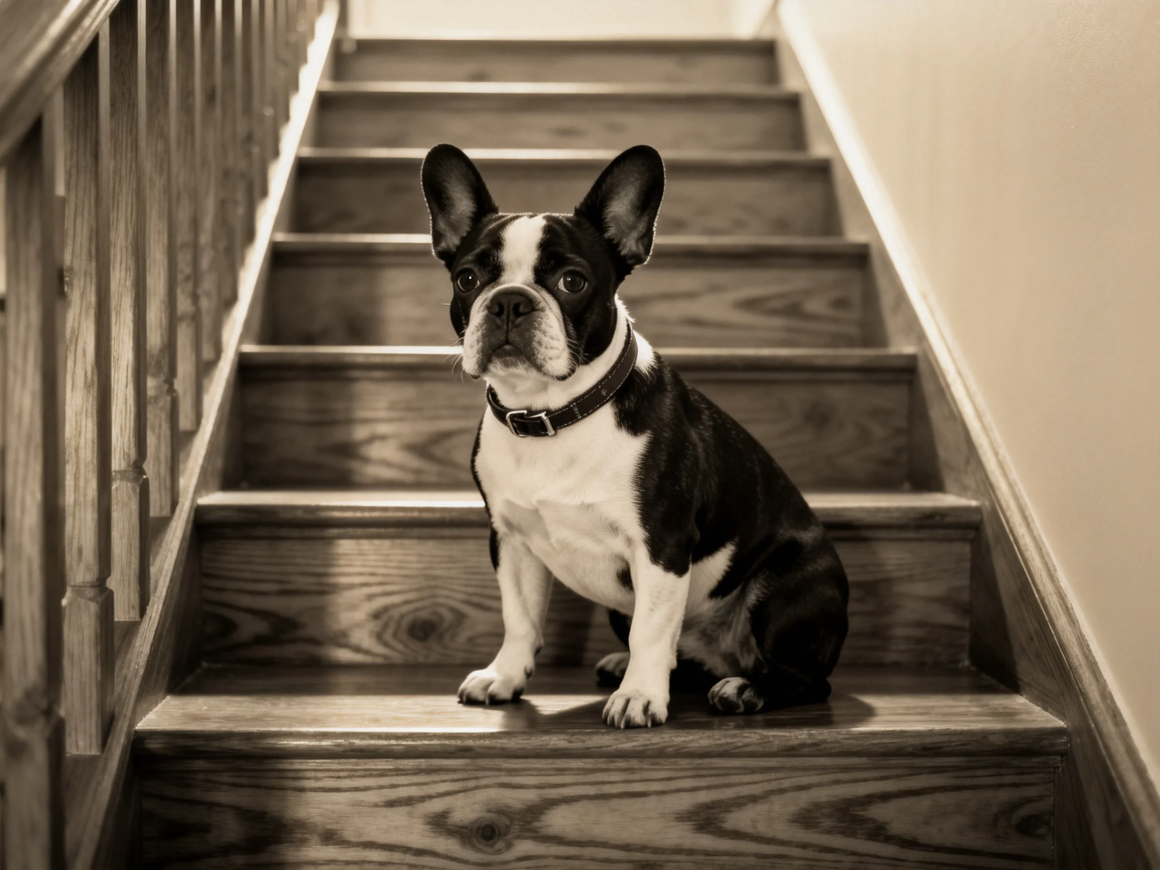 A black and white French bulldog sits on wooden stairs