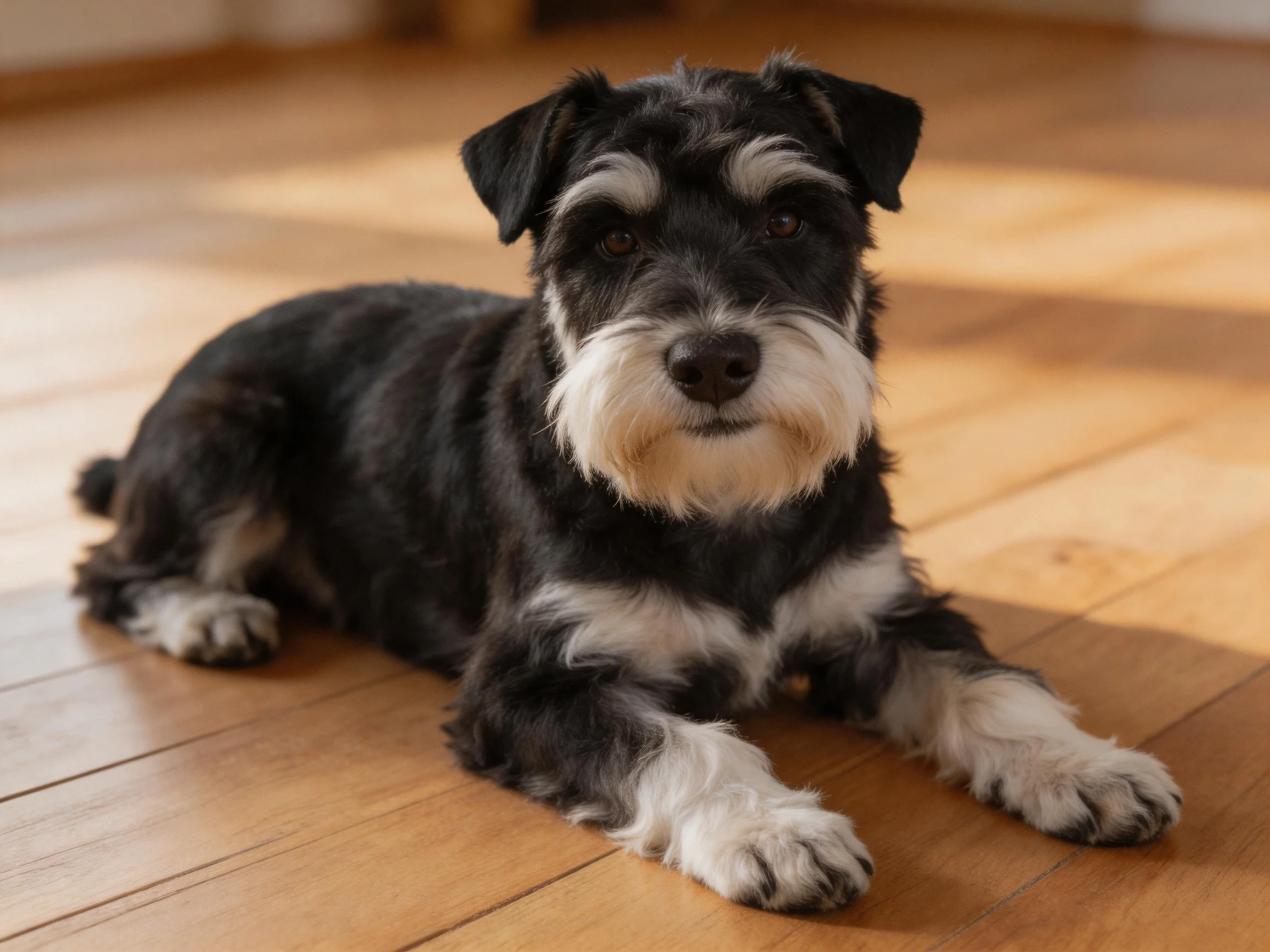 A black and white Schnauzer rests on a polished wooden floor