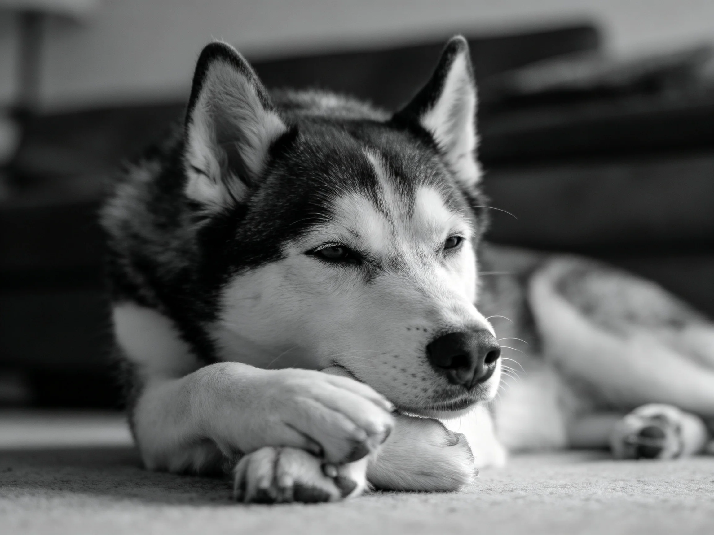 A black-and-white Siberian Husky resting indoors on a carpet