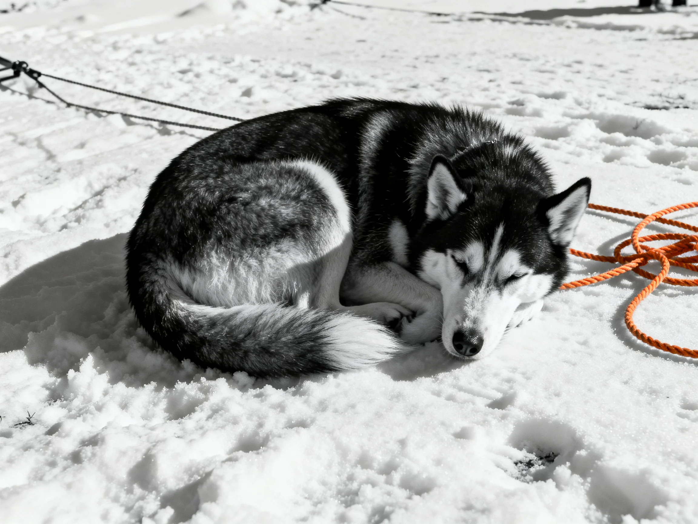 A black-and-white Siberian Husky rests beside an orange rope on snow