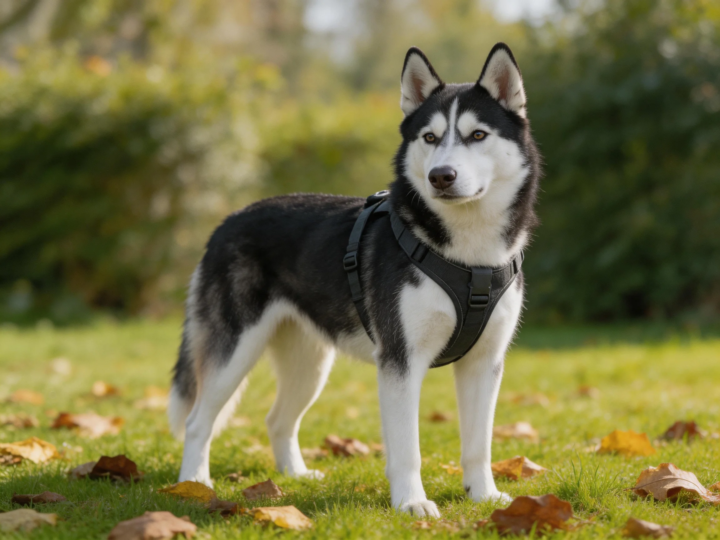 A black-and-white Siberian Husky stands on grass with fallen autumn leaves