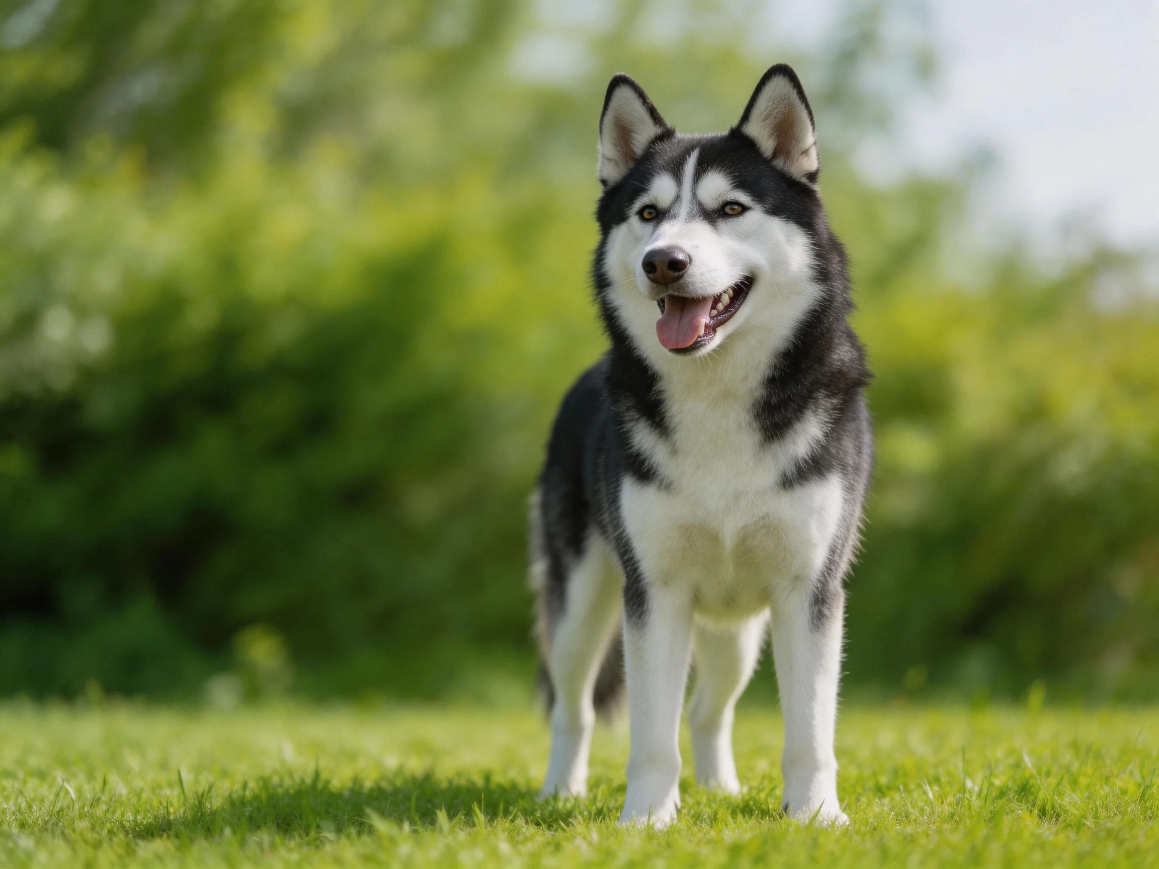 A black-and-white Siberian Husky stands on green grass