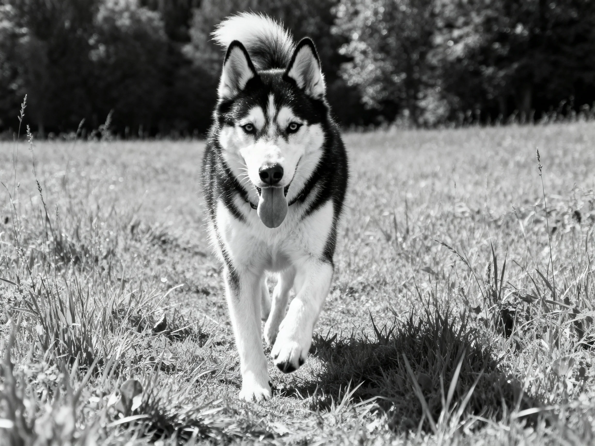 A black-and-white Siberian Husky walking through a grassy field