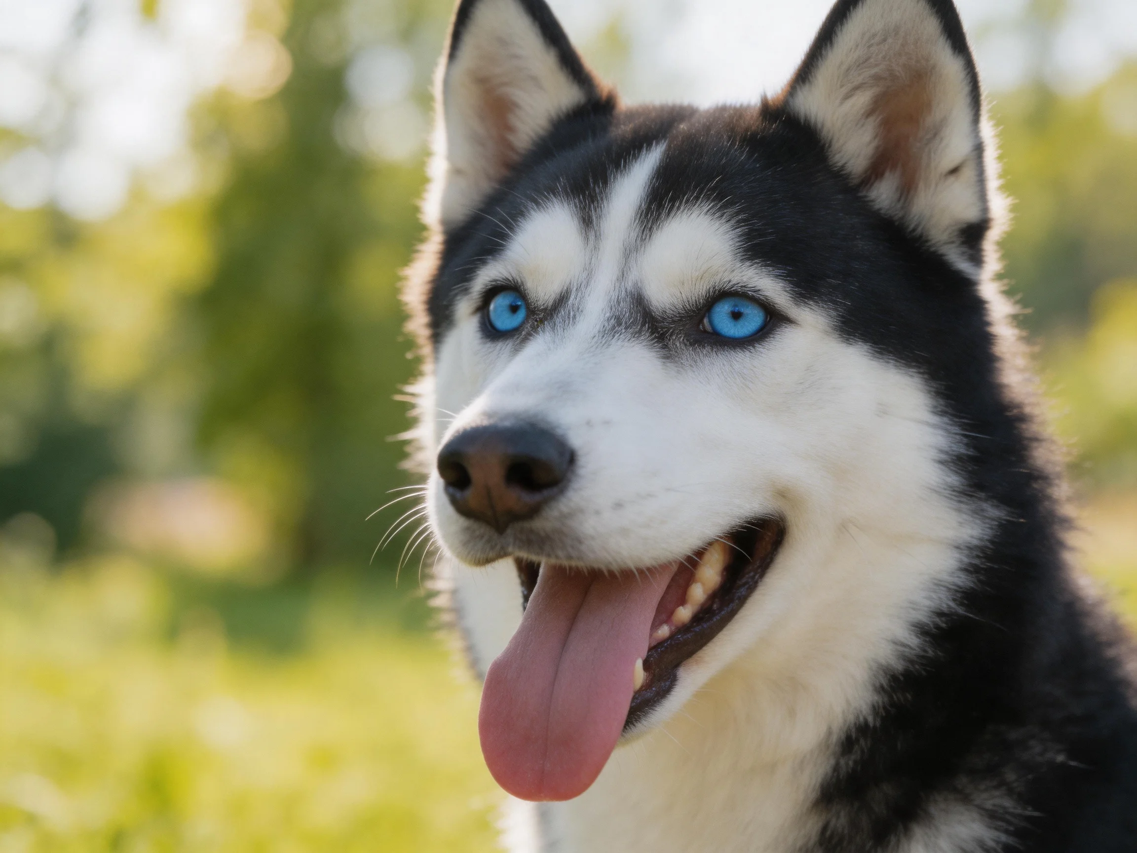 A black-and-white Siberian Husky with bright blue eyes in a sunlit outdoor space