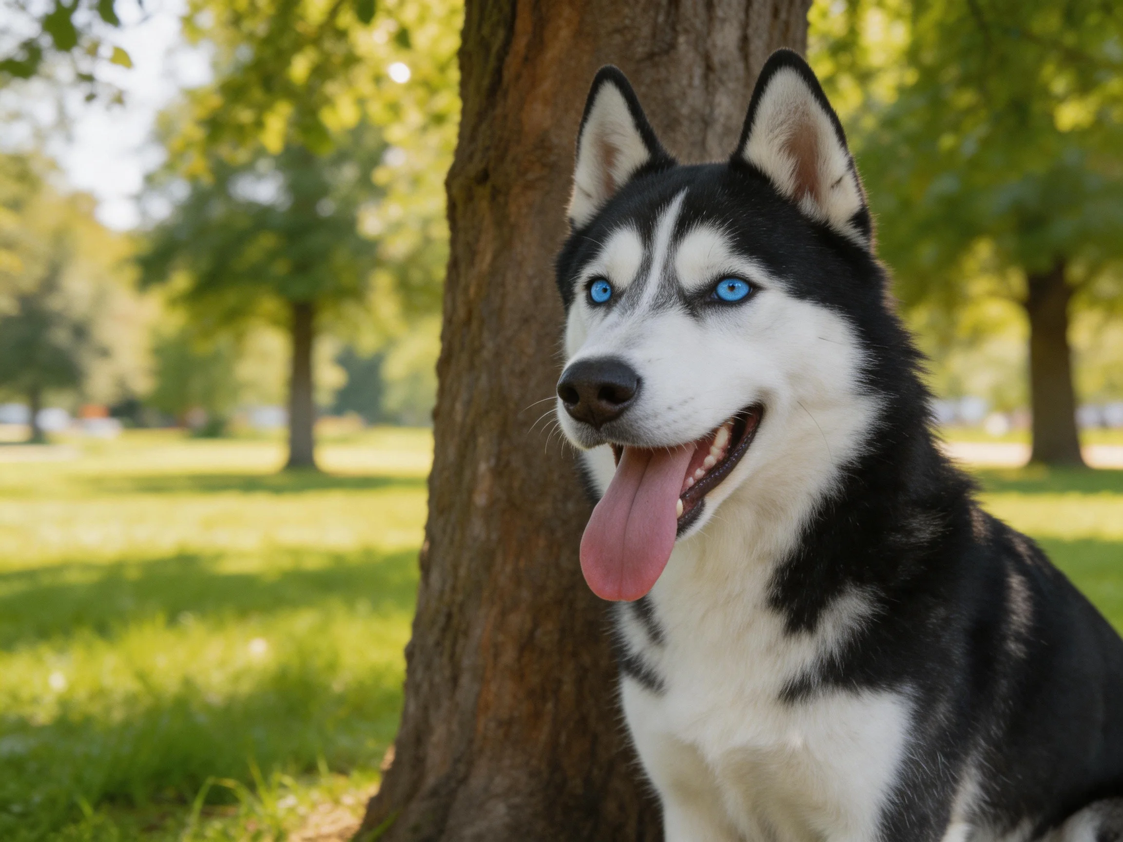 A black-and-white Siberian Husky with bright blue eyes sits near a tree in a park.
