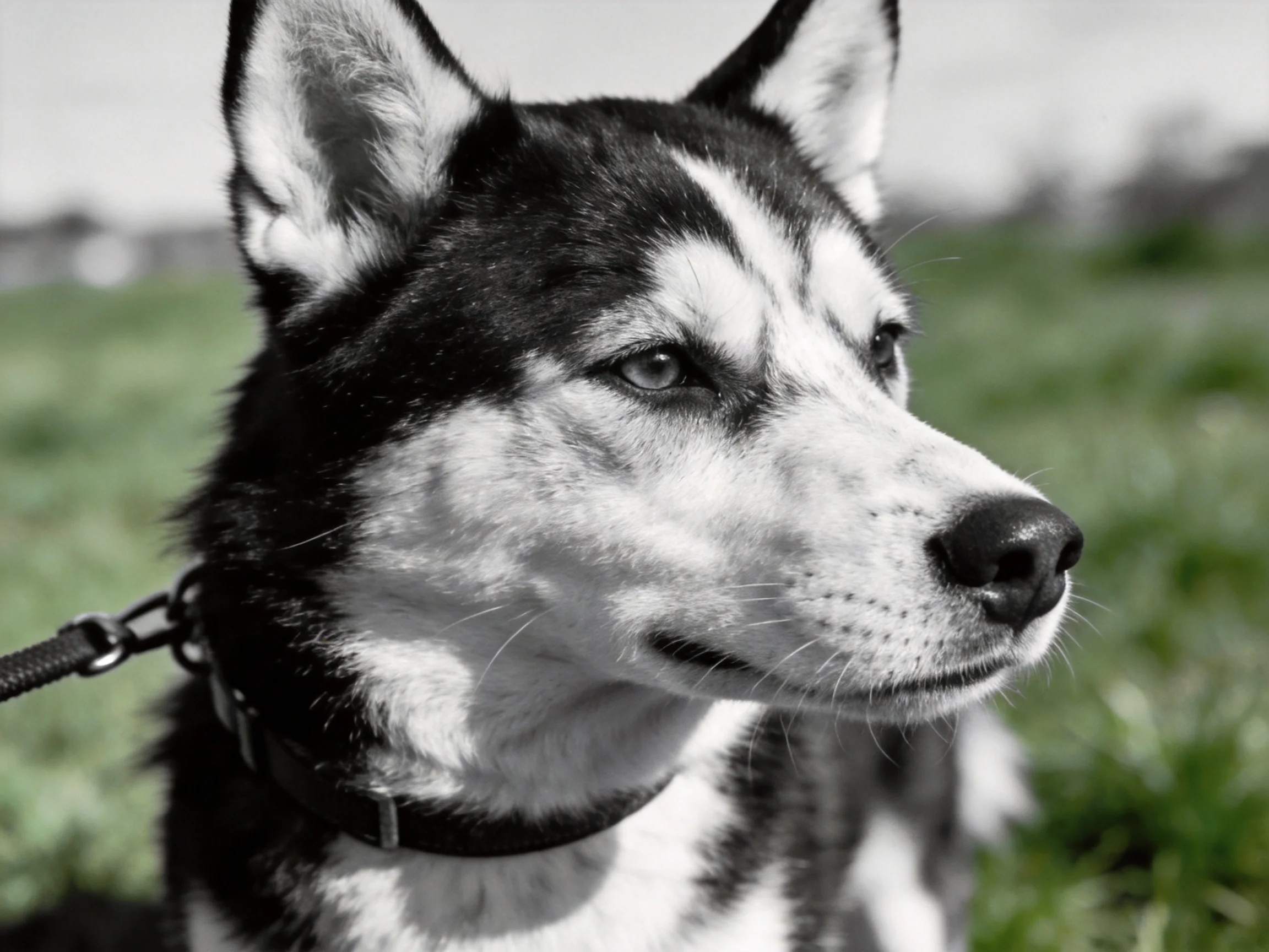 A black-and-white Siberian Husky gazes into the distance amid greenery.