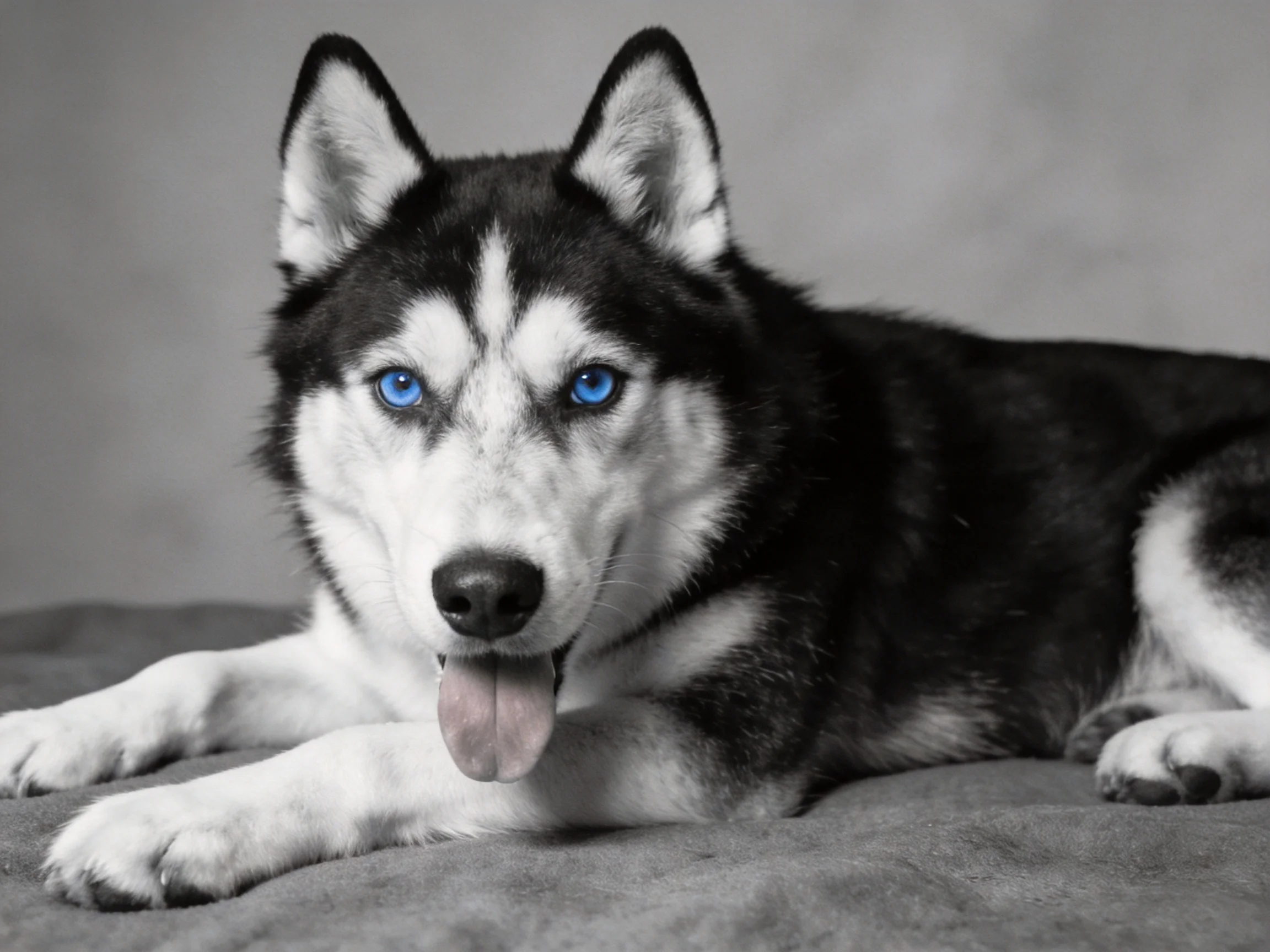 A black-and-white Siberian Husky with vivid blue eyes rests on a gray surface