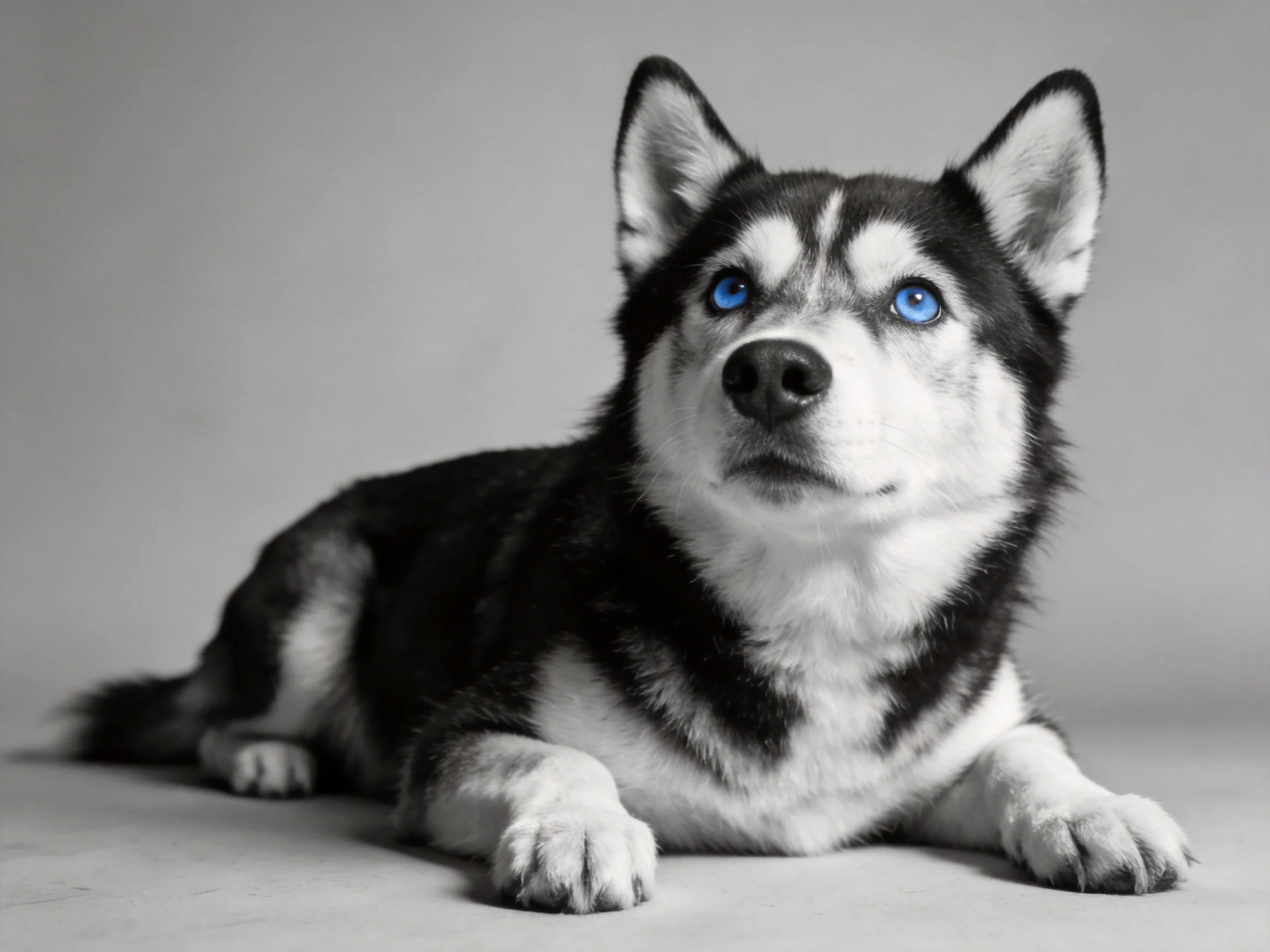A black-and-white Siberian husky puppy with bright blue eyes lies down