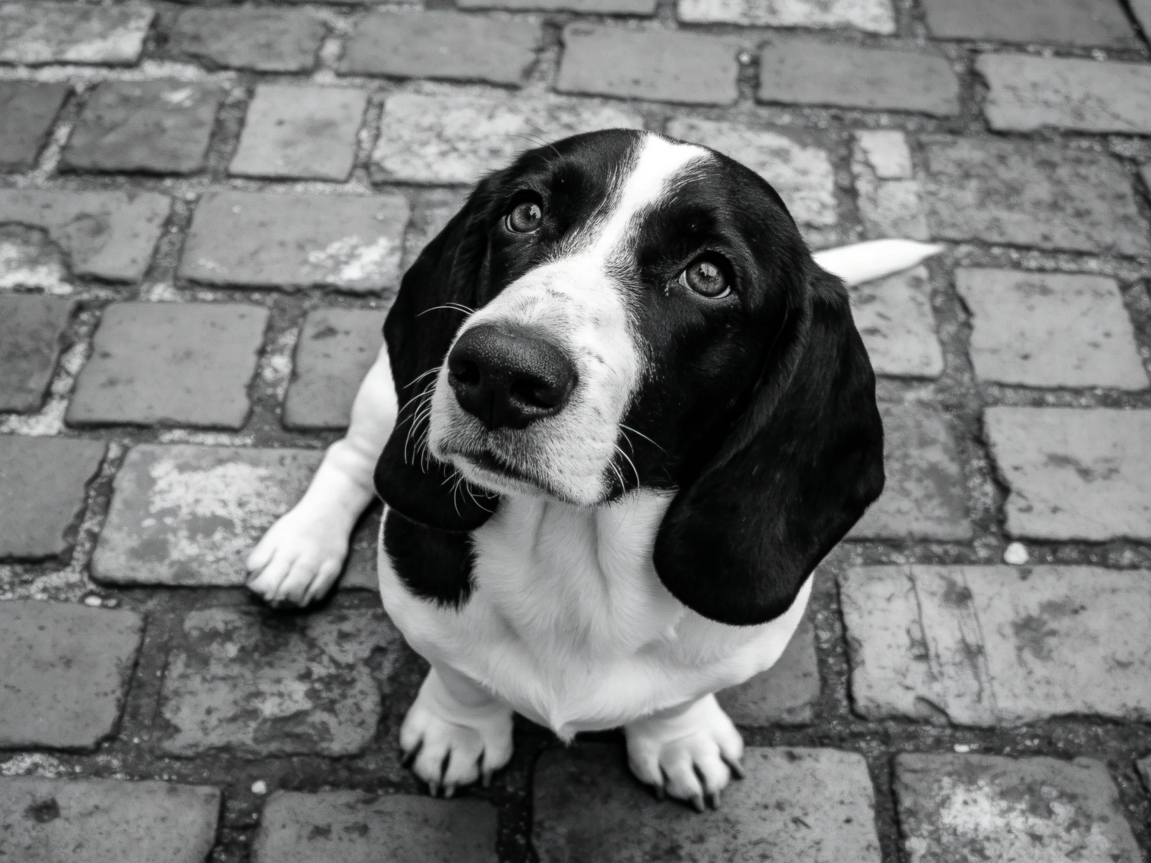 A black-and-white basset hound sits on weathered brick pavement
