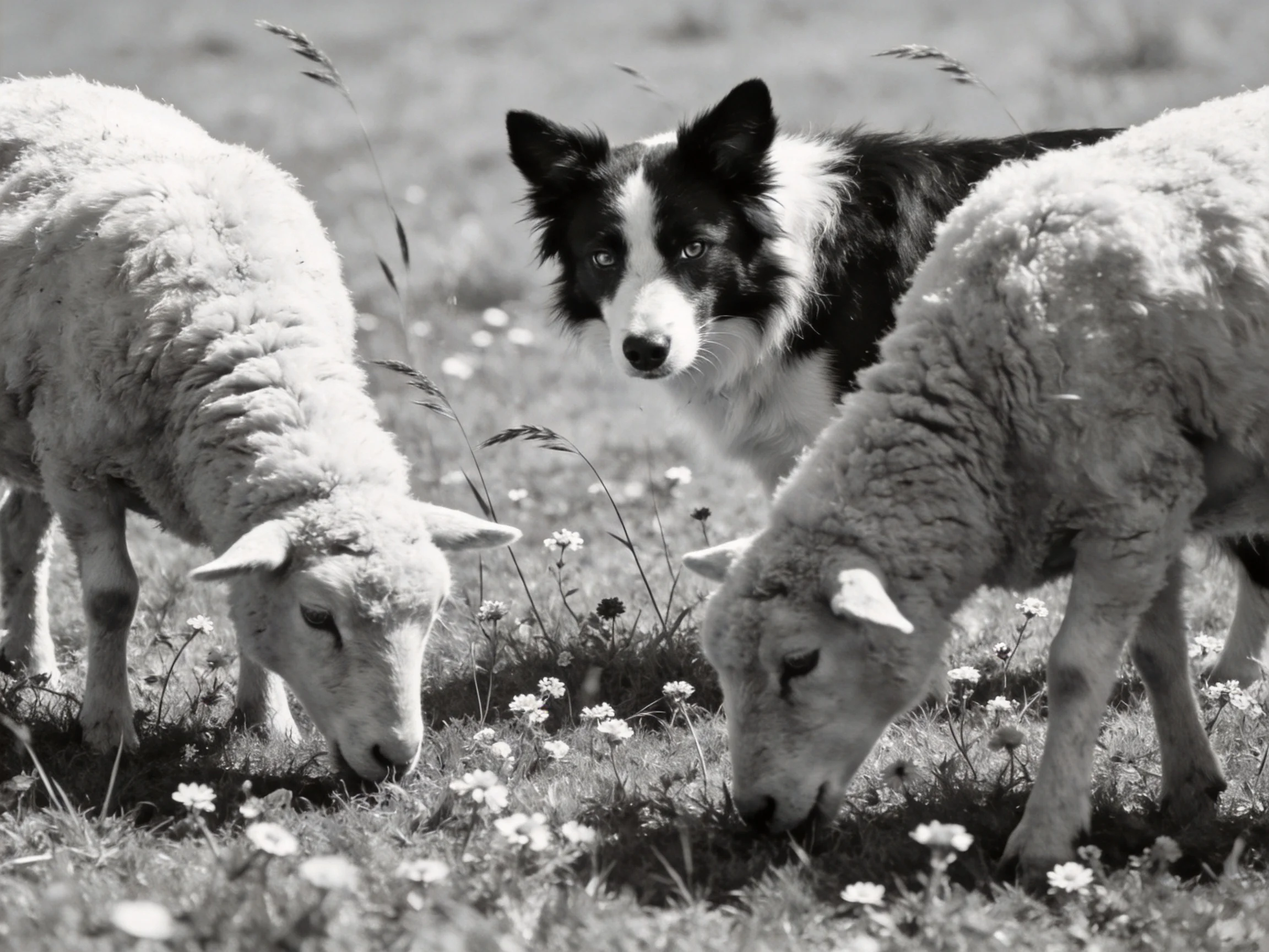 A black-and-white border collie oversees two grazing sheep amid wildflowers