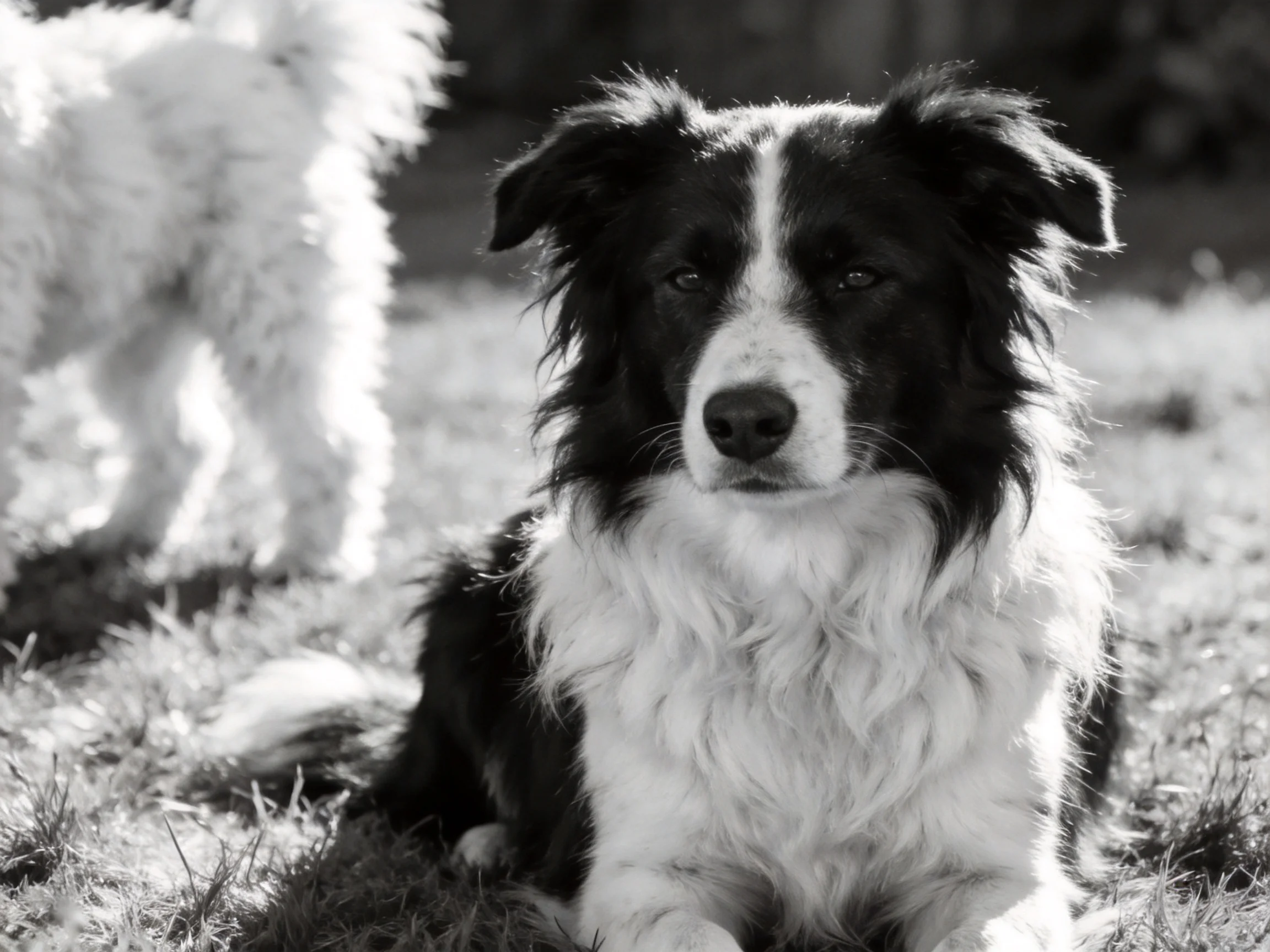 A black-and-white border collie sits calmly next to a fluffy white dog in an outdoor setting.