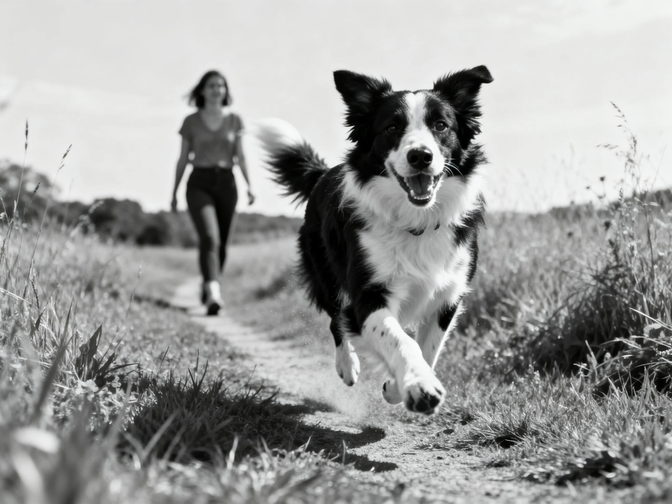 A border collie runs toward the camera while a woman walks behind on a dirt path