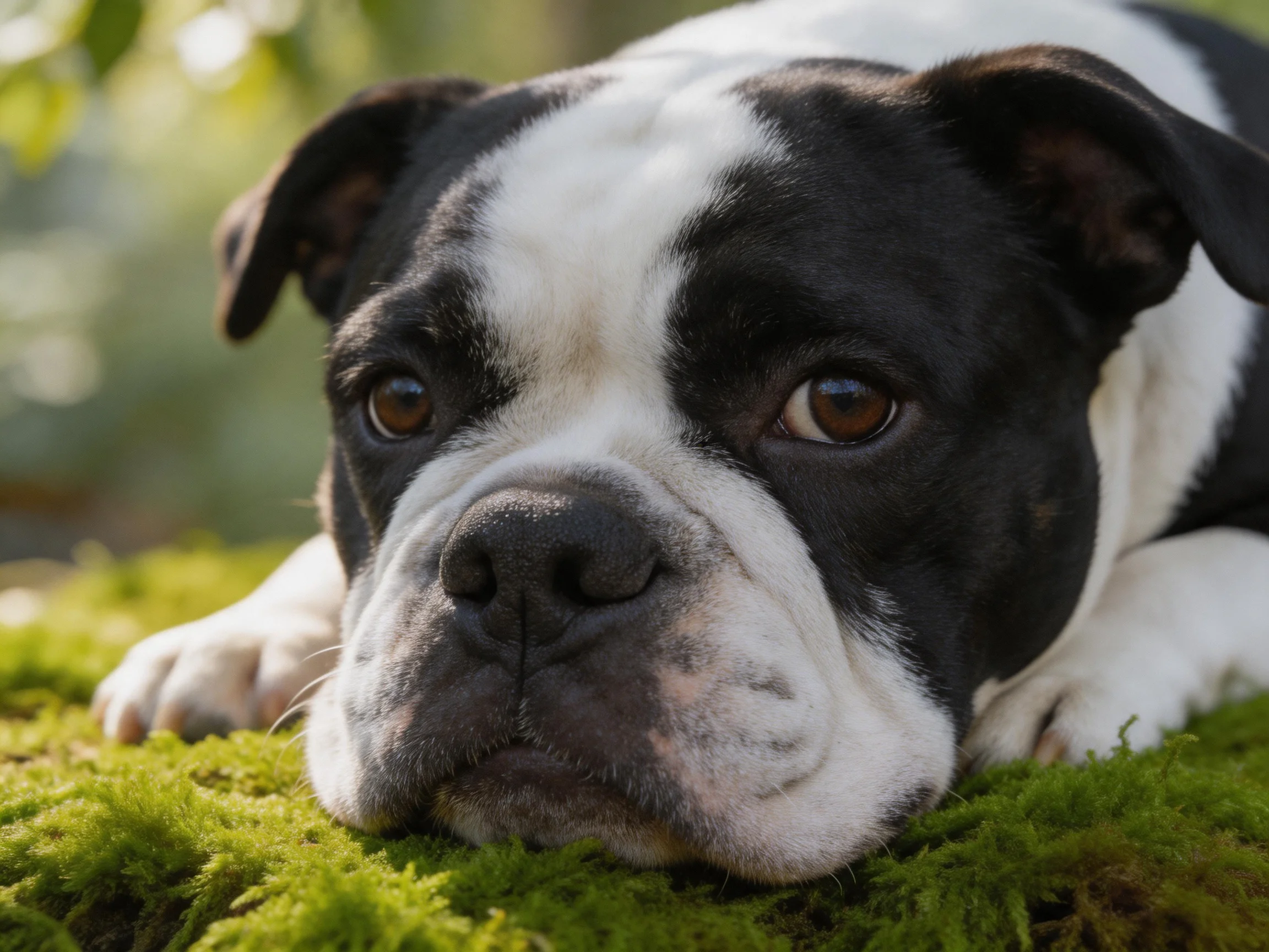A black and white bulldog rests on moss in an outdoor setting.