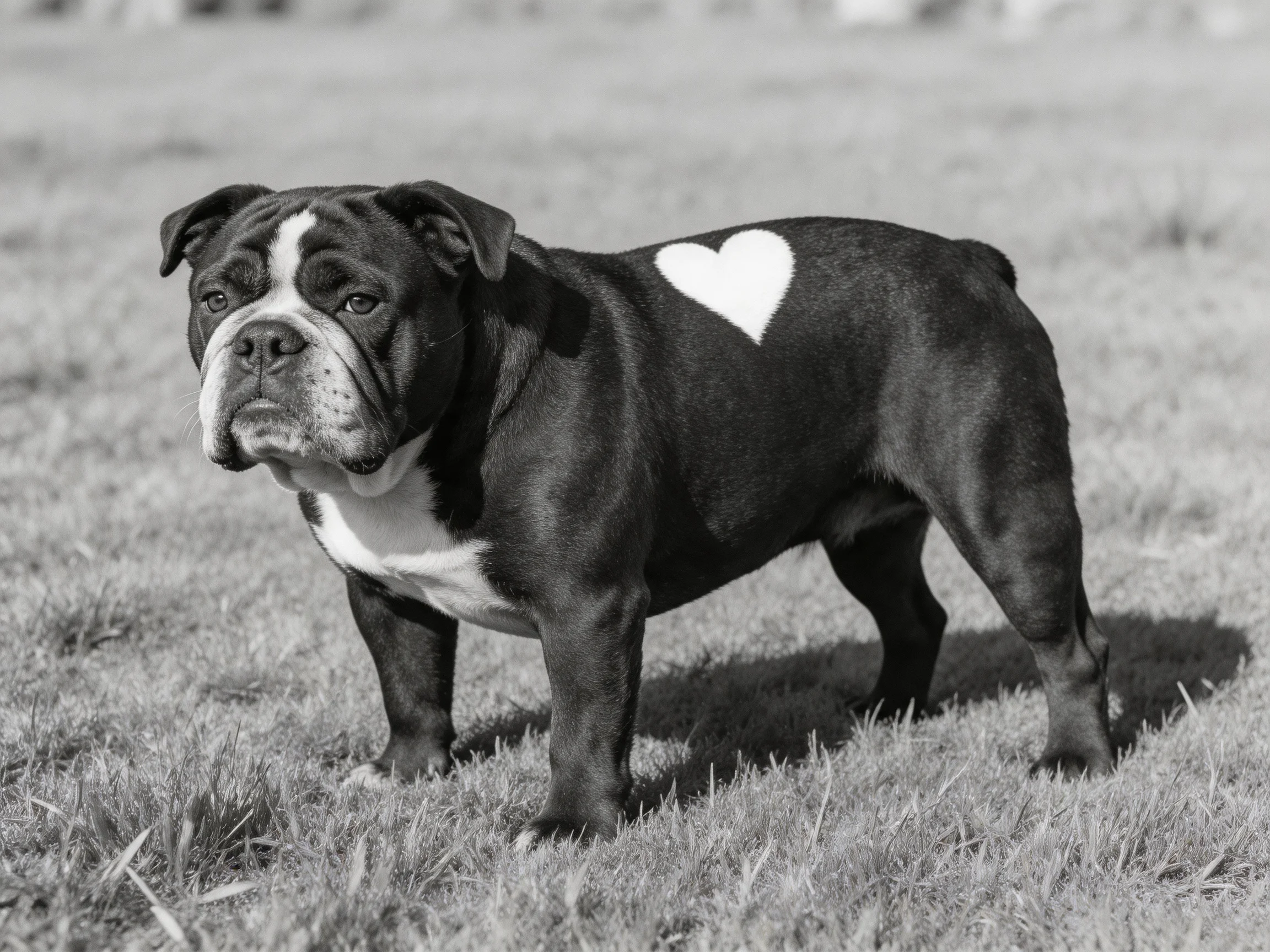 A black-and-white bulldog with a heart marking stands on grass.