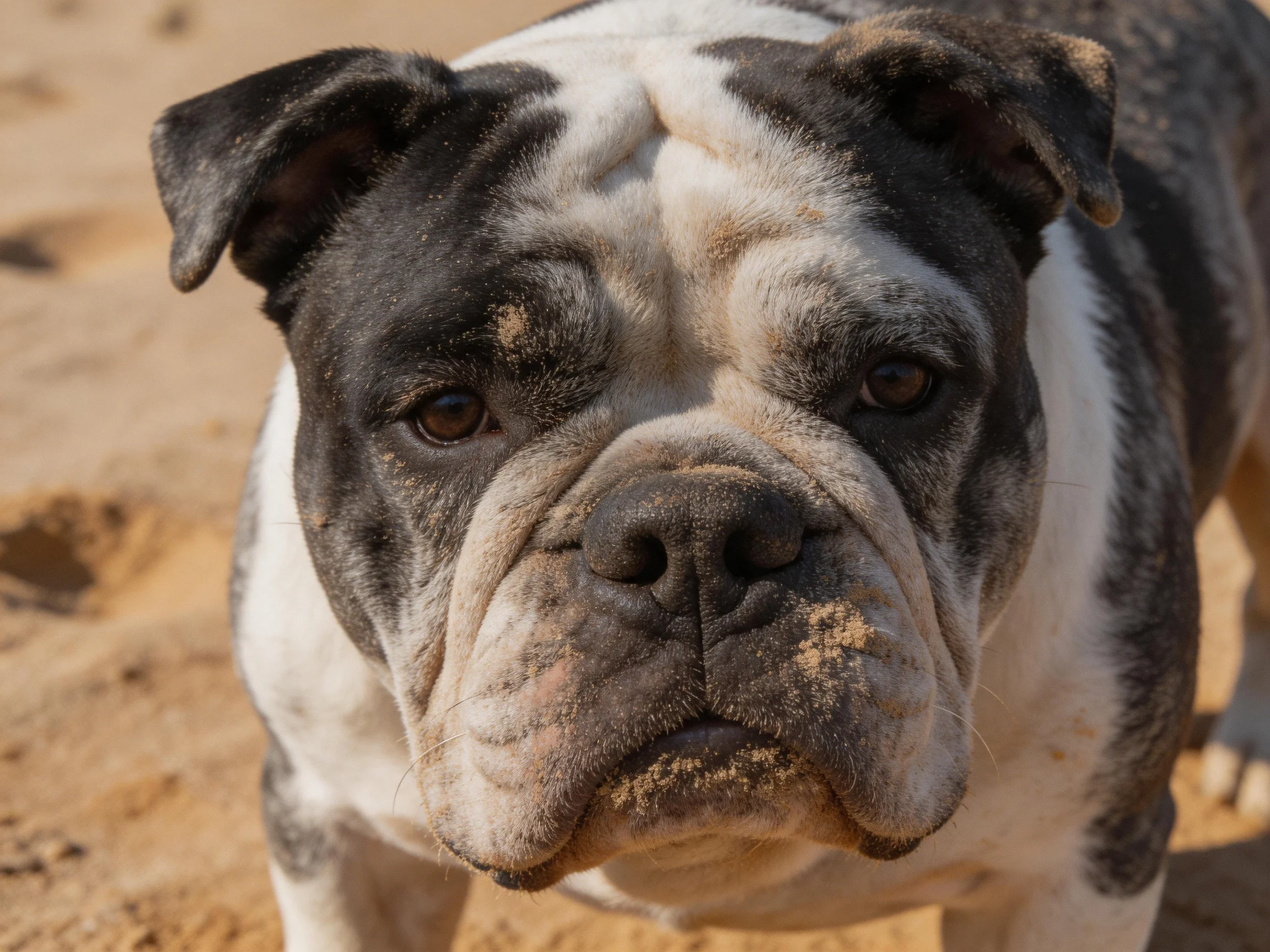 A black and white bulldog stands on sandy ground with dirt on its face.