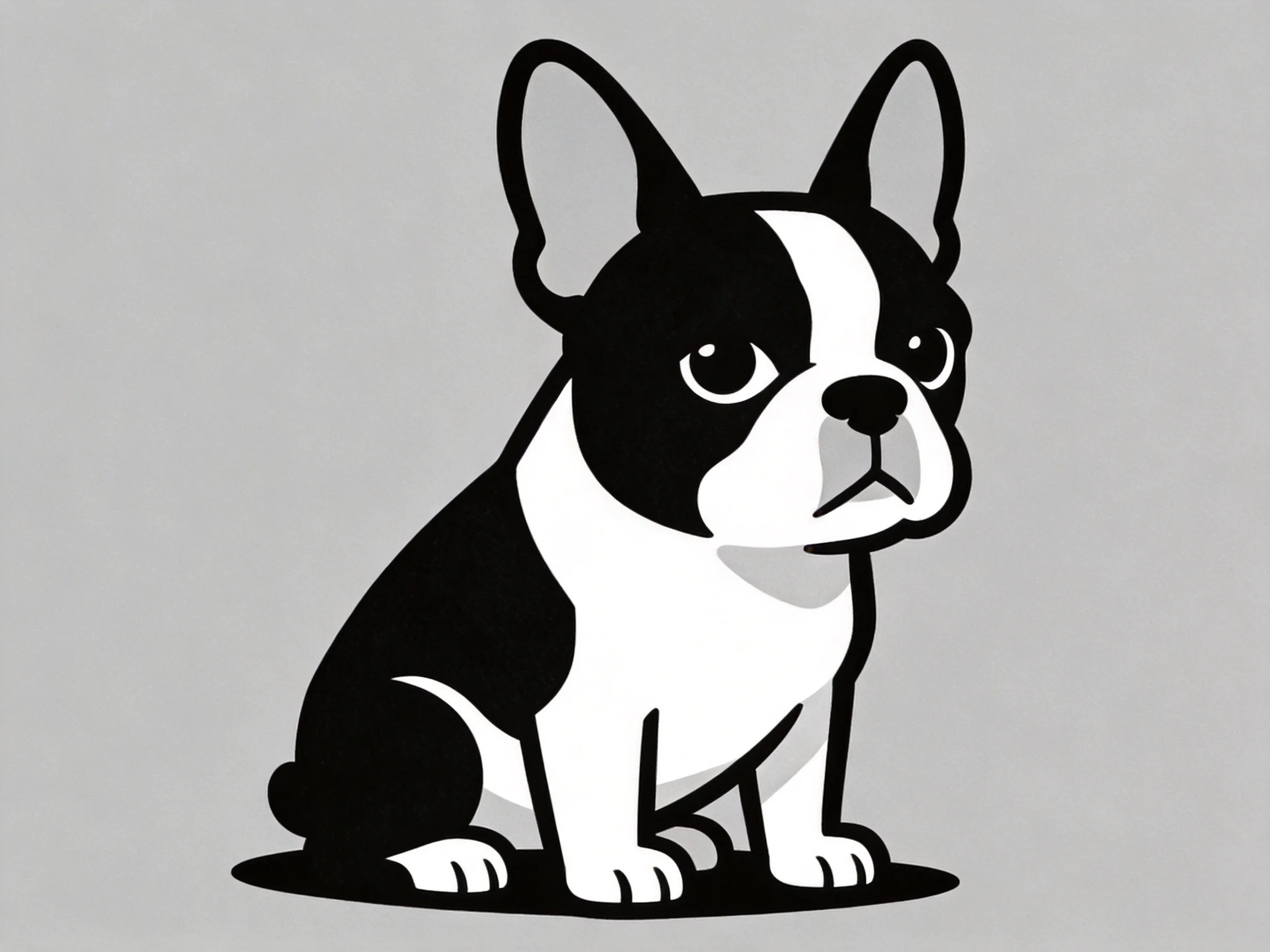 A black and white cartoon Boston Terrier sitting against a gray background
