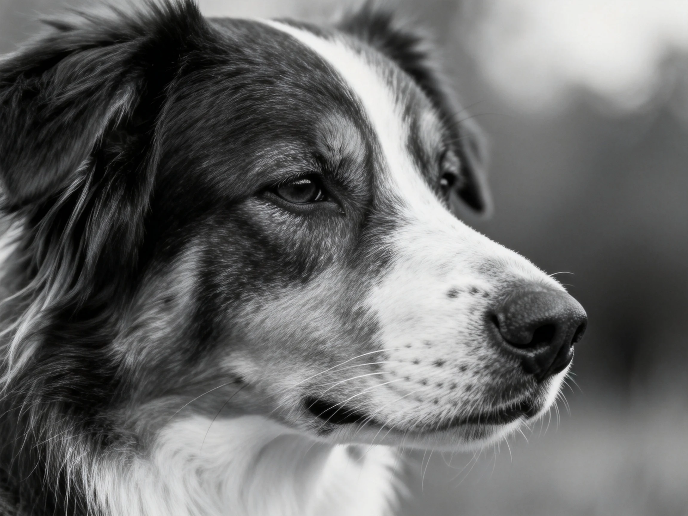 A black and white photograph shows a collie’s profile with clear facial features.