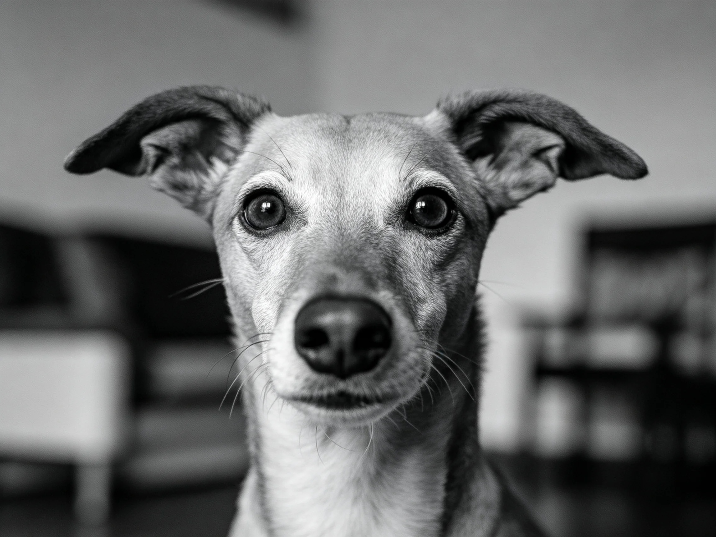 A black and white close - up shows a small dog with perked ears in a blurred indoor area.