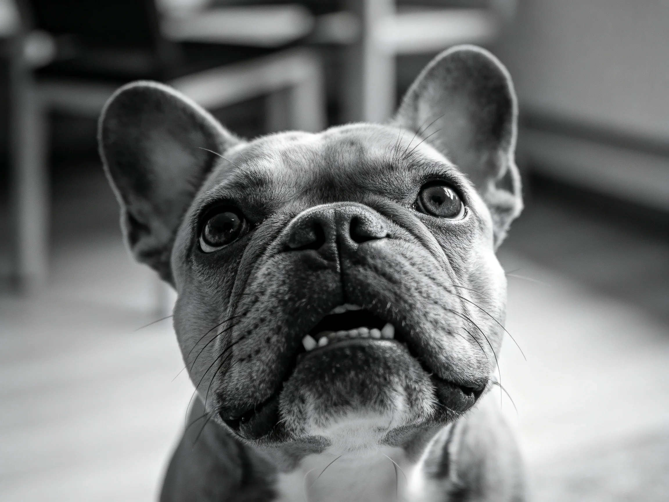 A black-and-white close-up of a French bulldog looking upward