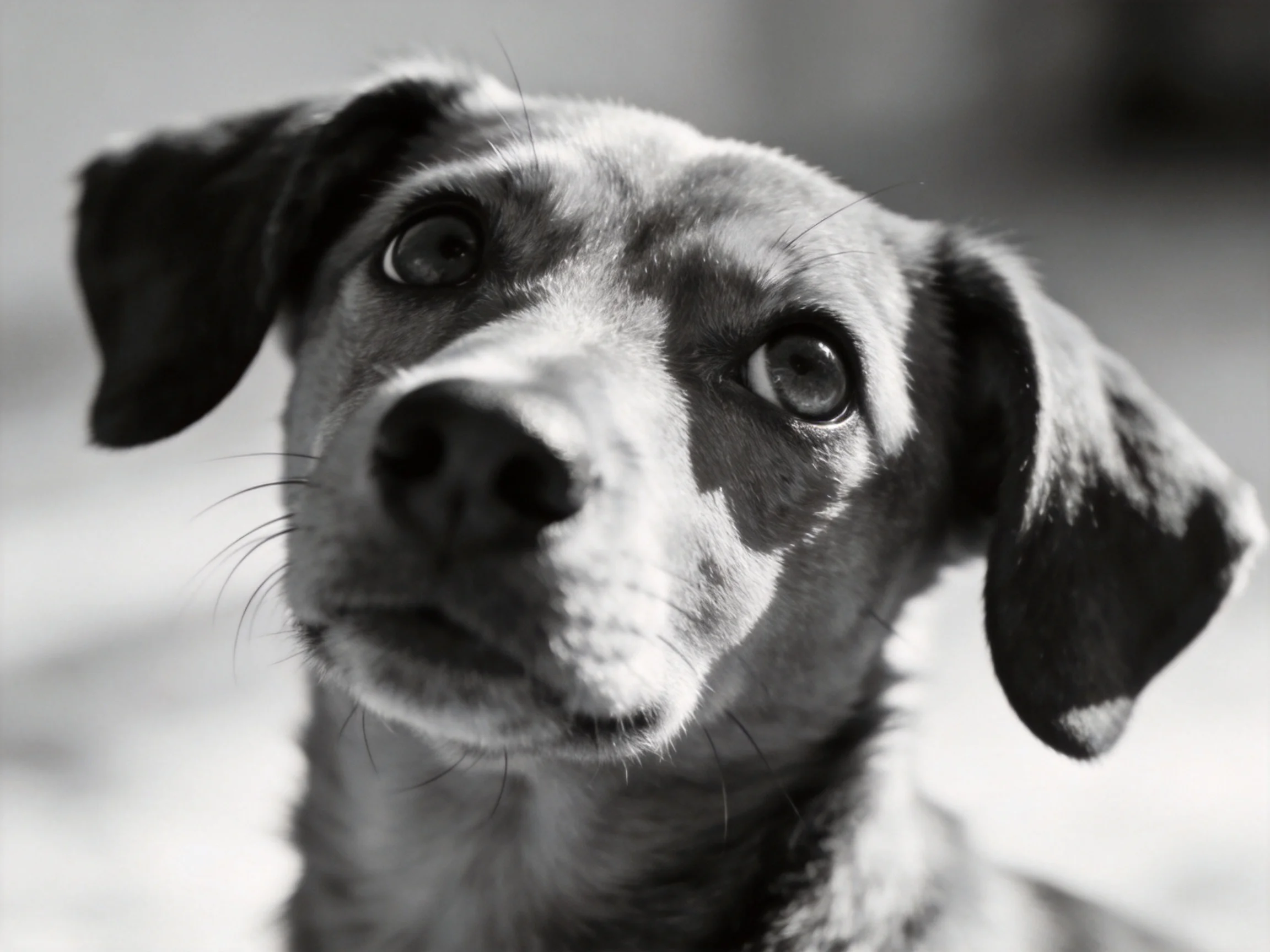 A black-and-white close-up shows a dog with wide, attentive eyes.