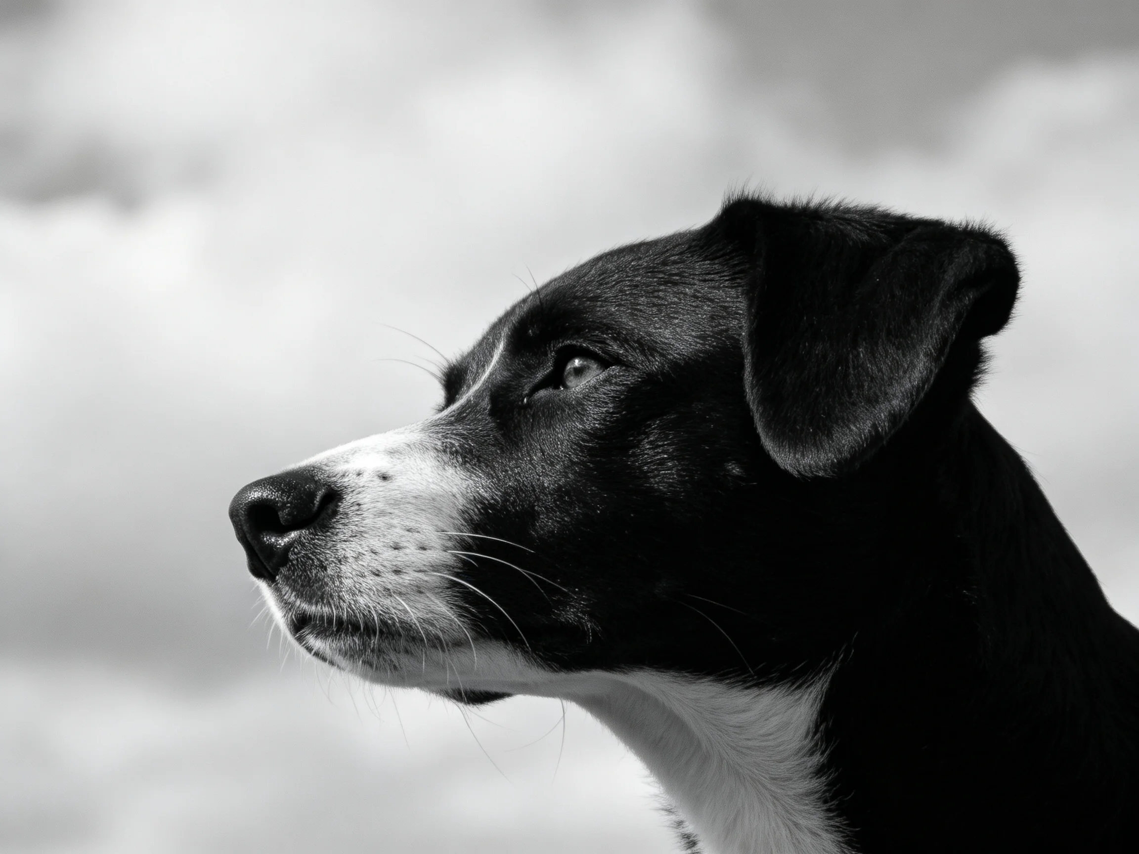 A black and white image shows a dog’s profile with a contemplative expression.