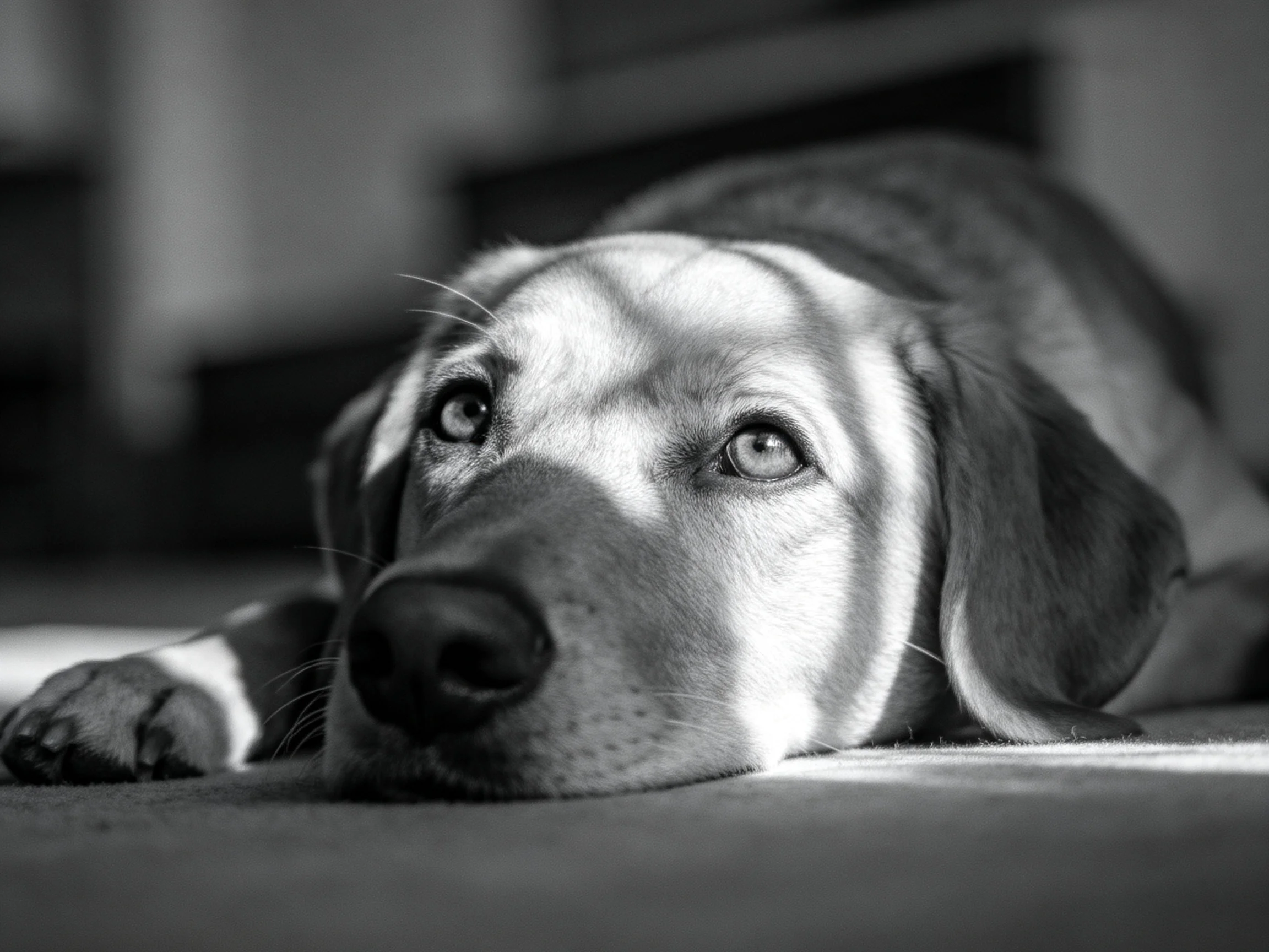 A black-and-white close-up of a resting dog with soft shadows