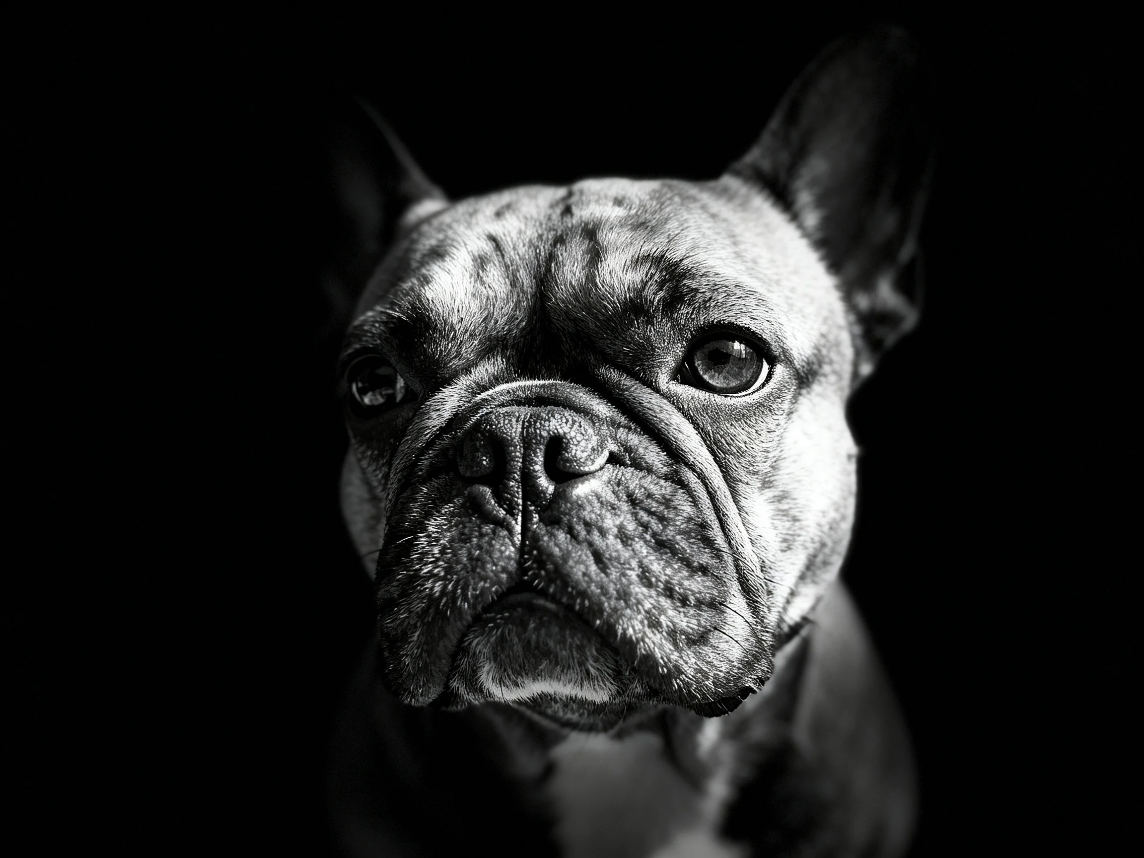 A black-and-white close-up portrait of a French bulldog with distinct facial features