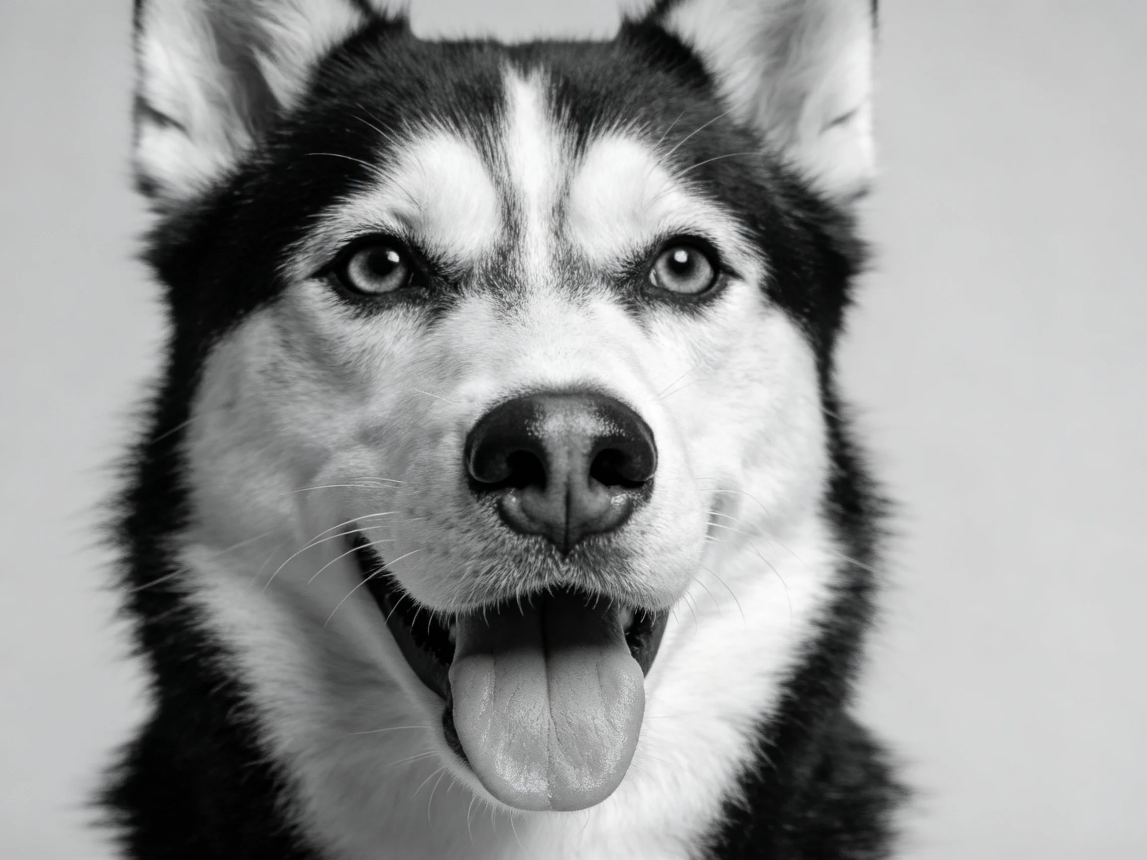 A black-and-white close-up portrait of a cheerful Siberian Husky