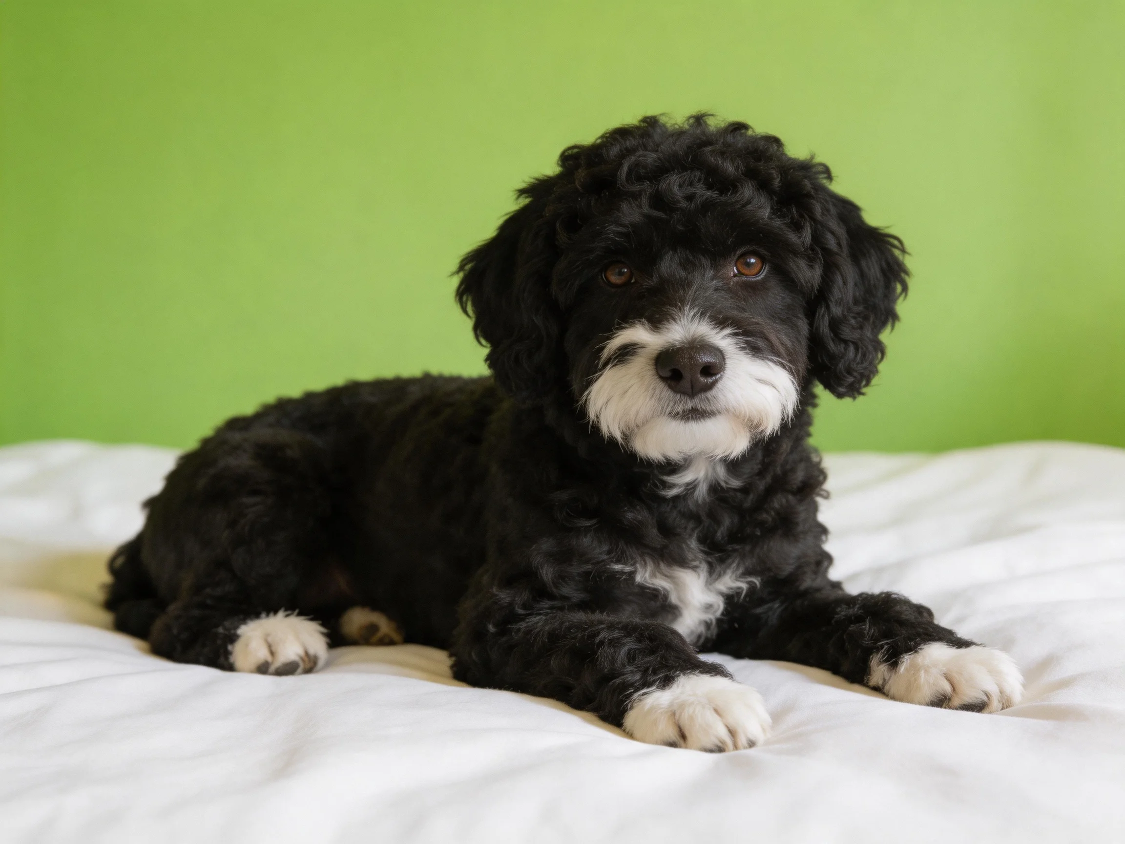 A black and white curly-coated dog resting on a white bed near a green wall
