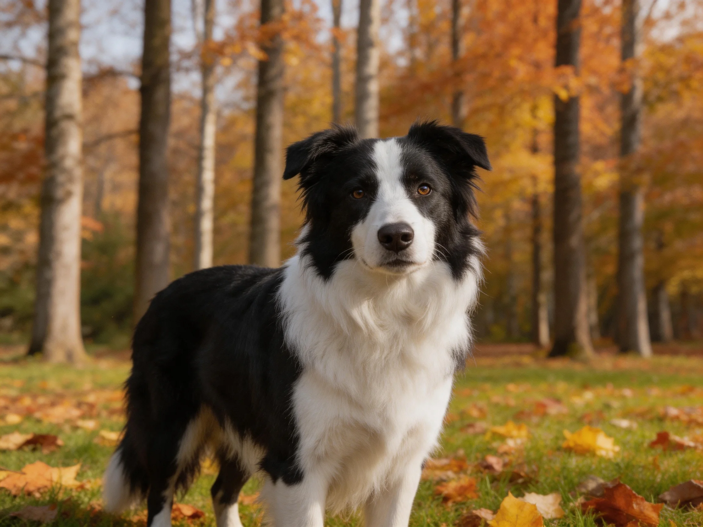 A black-and-white dog stands among autumn leaves and trees.