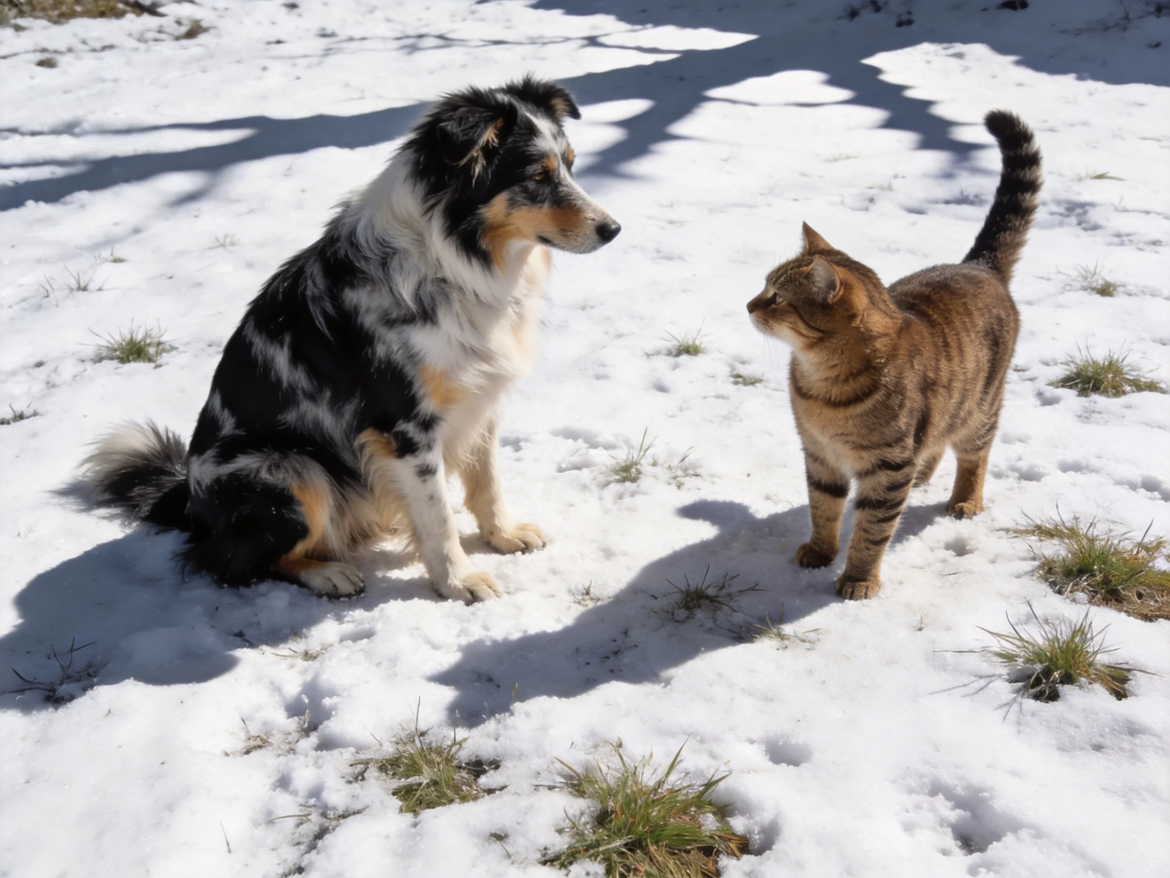 A dog and cat face one another on a snowy area with grass patches