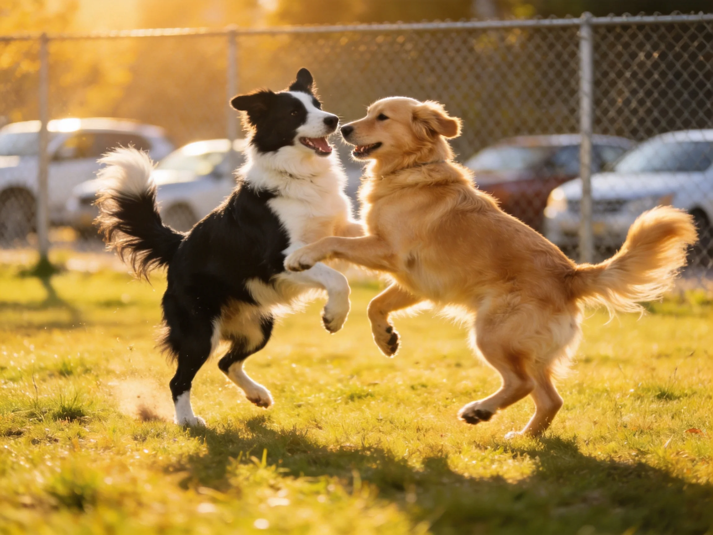 A black and white dog and golden dog play in a sunlit grassy area