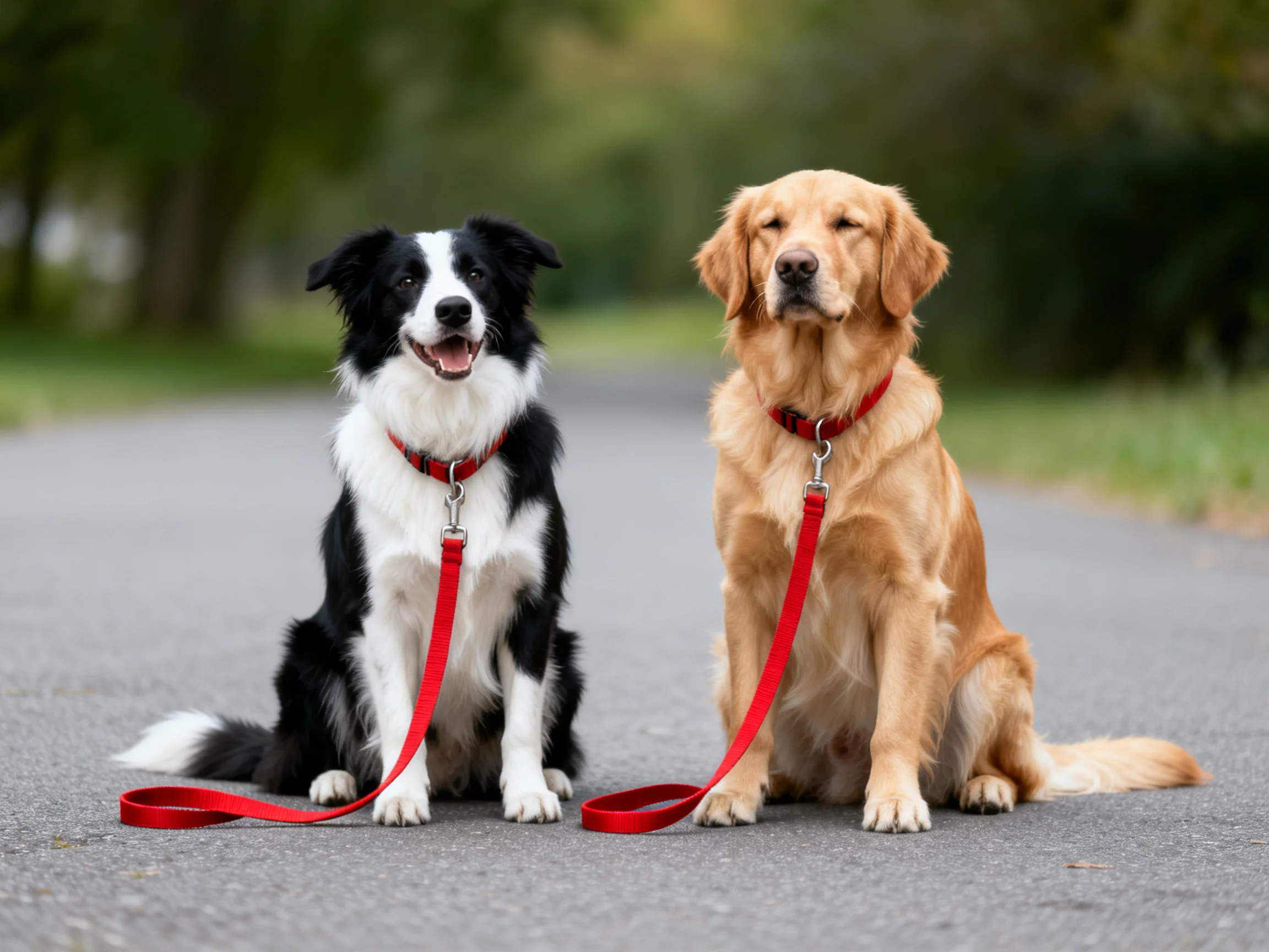 A black and white dog and golden retriever sit on a paved path with red leashes