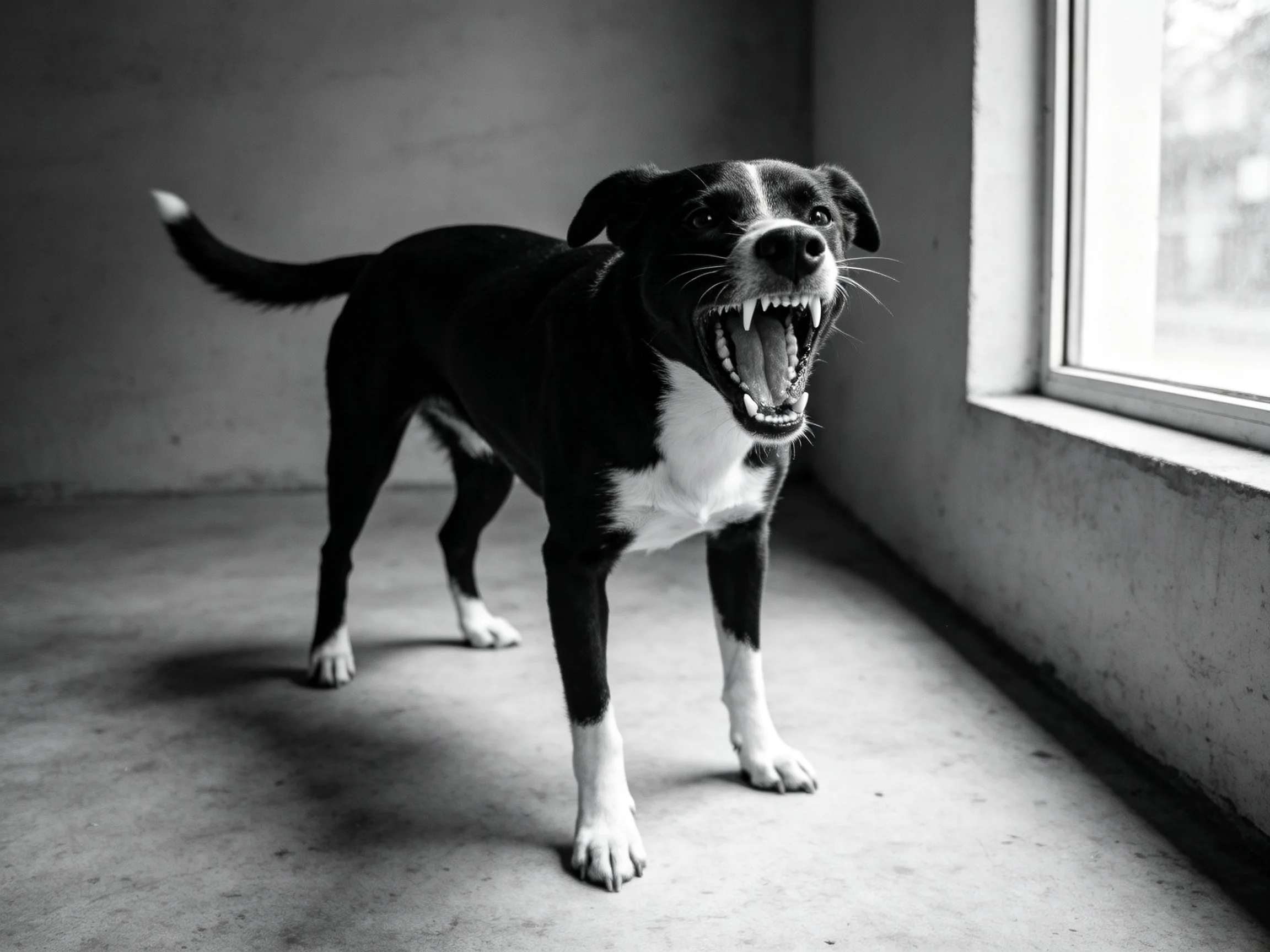 A black and white dog barks fiercely beside a large window