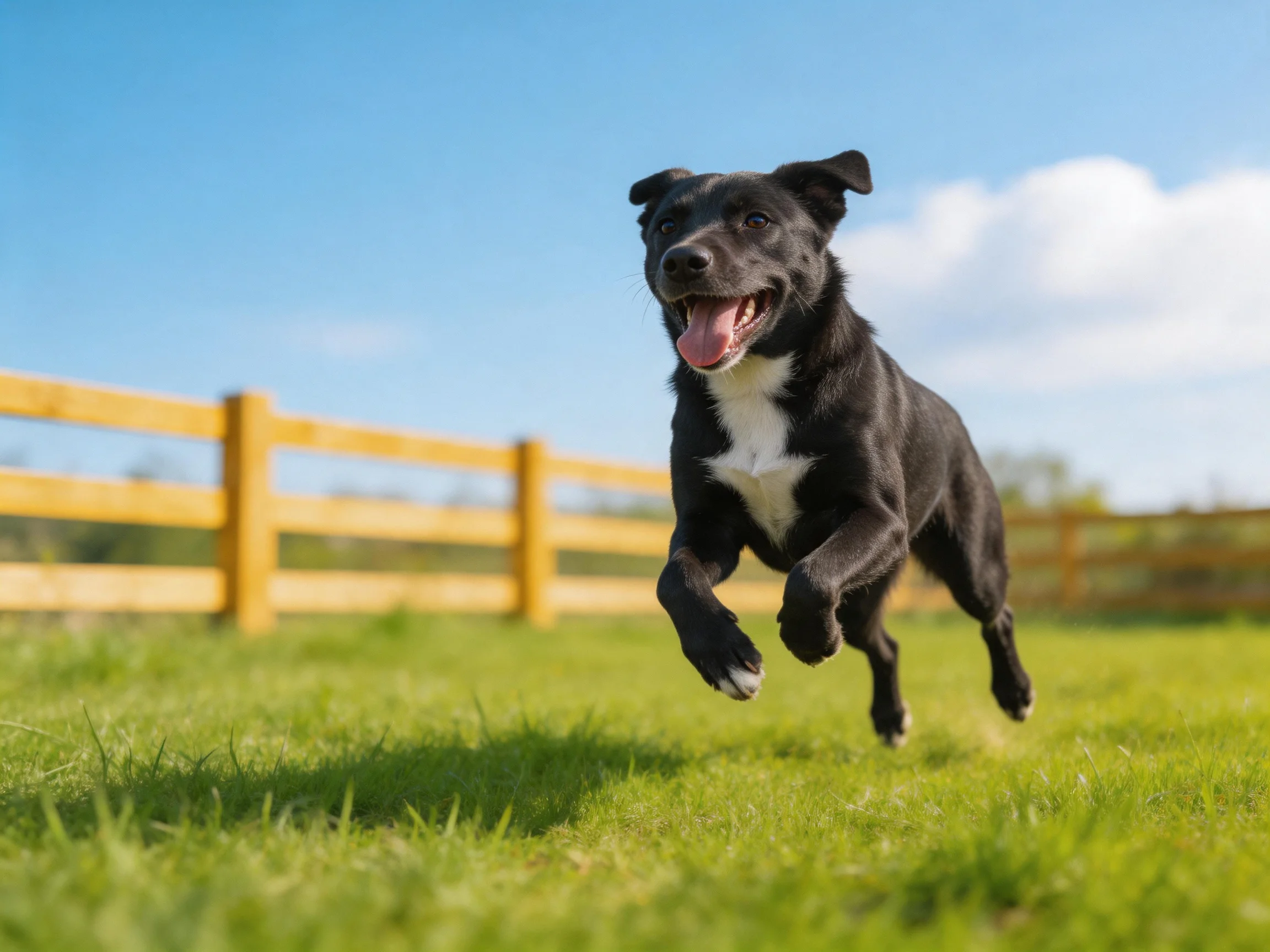 A black and white dog bounds across green grass beside a wooden fence